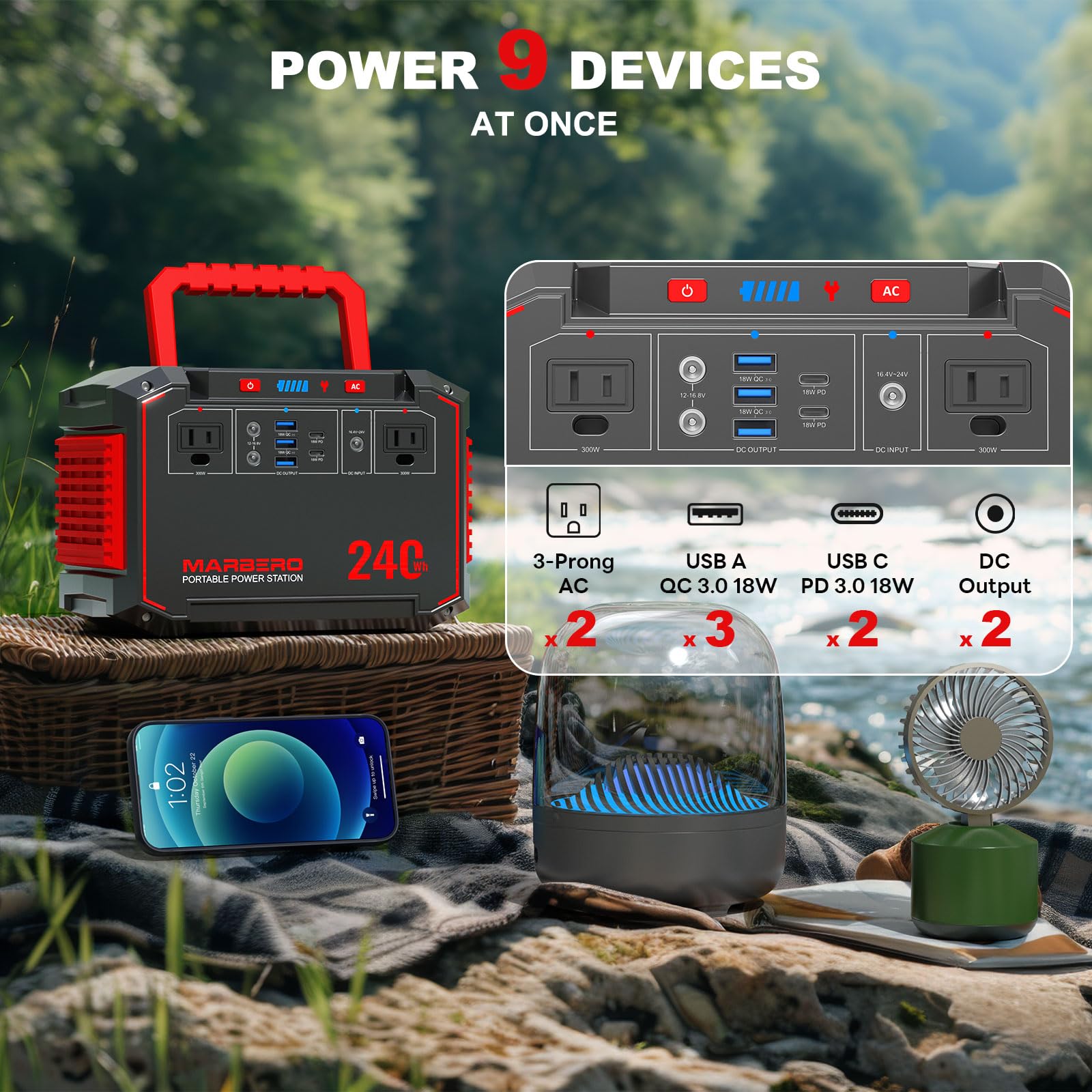 Marbero Portable Power Station 240Wh 350W Peak Camping Portable Power Bank With Ac Outlet 110V(3*Usb A, 2*Usb C, 2*Ac,2*Dc) Sola