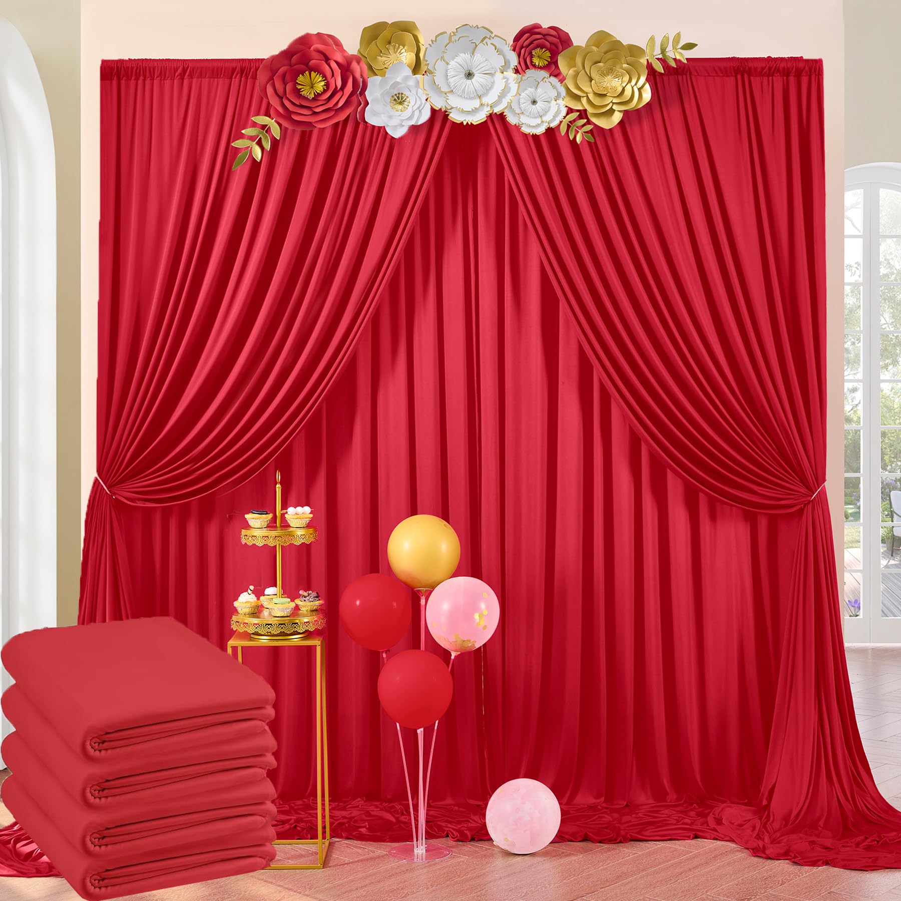 20Ft X 10Ft Wrinkle Free Red Backdrop Curtains For Parties, 4 Panels 5X10Ft Silky Polyester Photo Backdrop Drapes For Birthday W