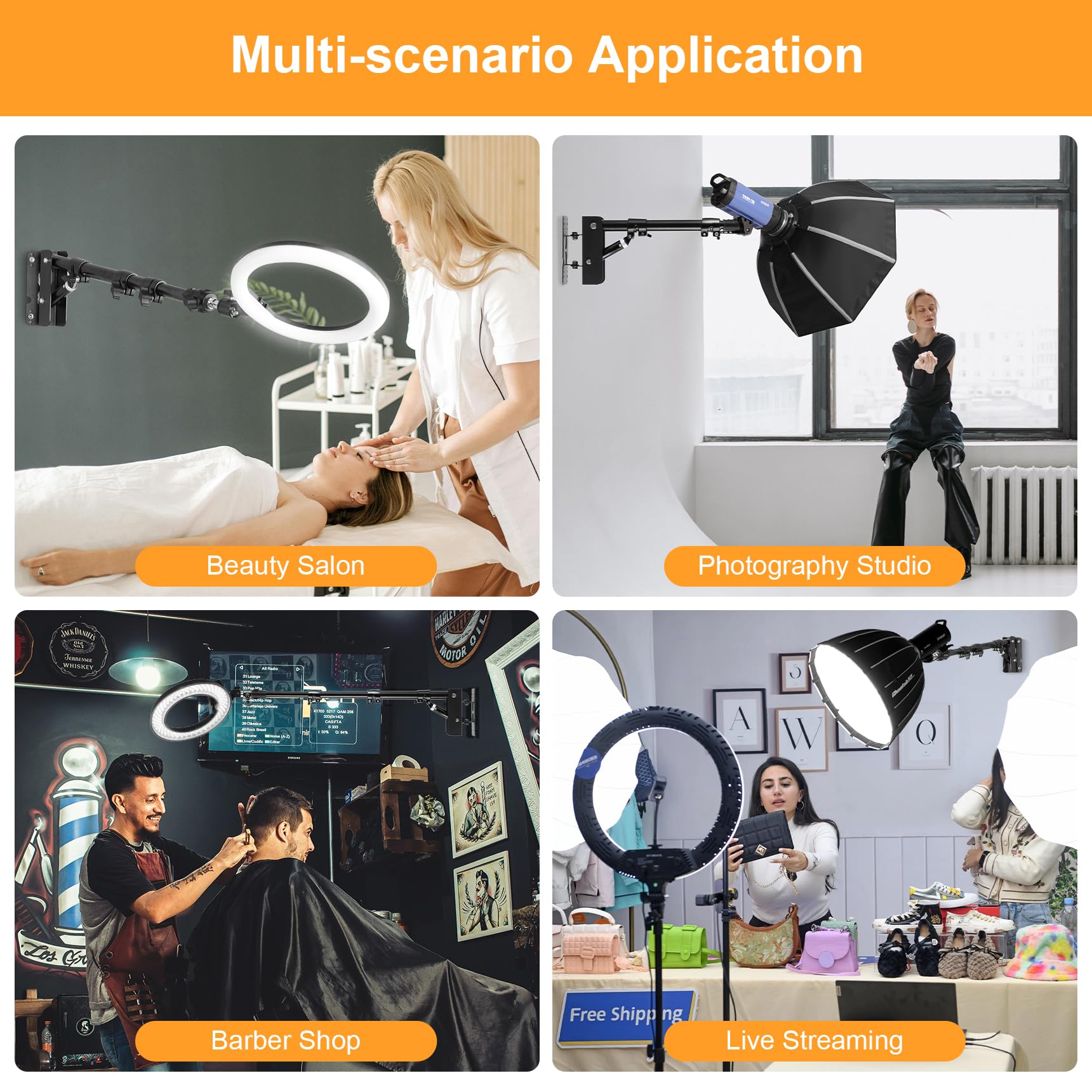 Sitto Ring Light Wall Mount 43Inch/110Cm, Triangle Boom Arm For Barbershop, Beauty Salon, Live Streaming, Tattoo, Photography St