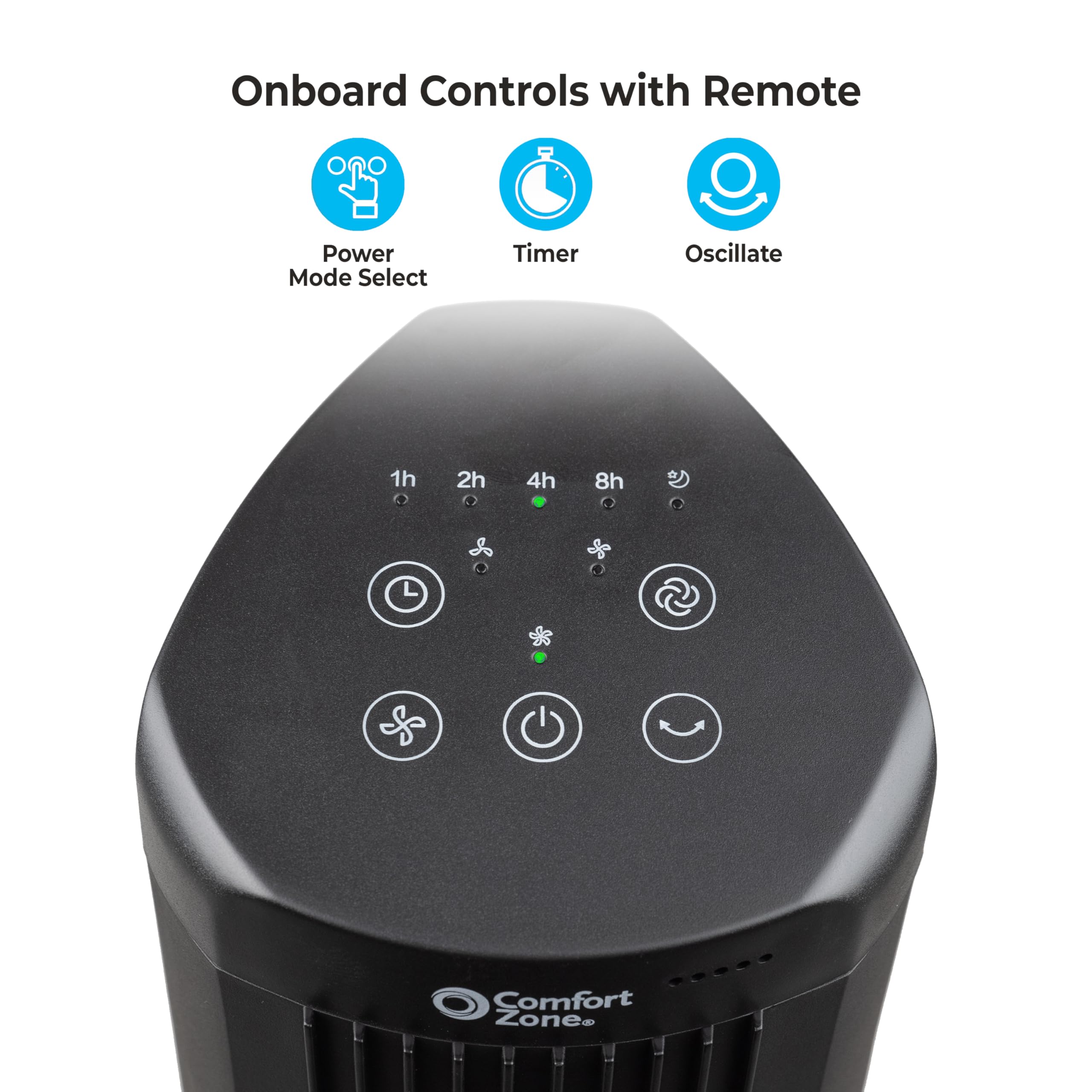 Comfort Zone Bladeless Tower Fan - 40" Oscillating Stand Fan, 3 Speeds, Remote Control, Black, Model MTBFL-40AR