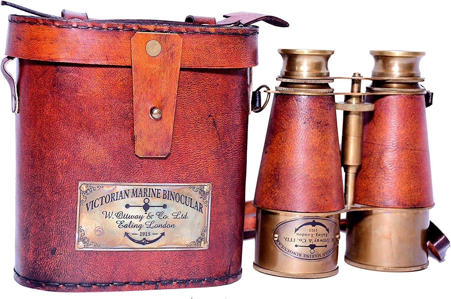 Nautical Antique Victorian Marine Brass Leather Binocular Opera Glasses & Spyglass London 1915 Home & Office Decor (Orange)   Na