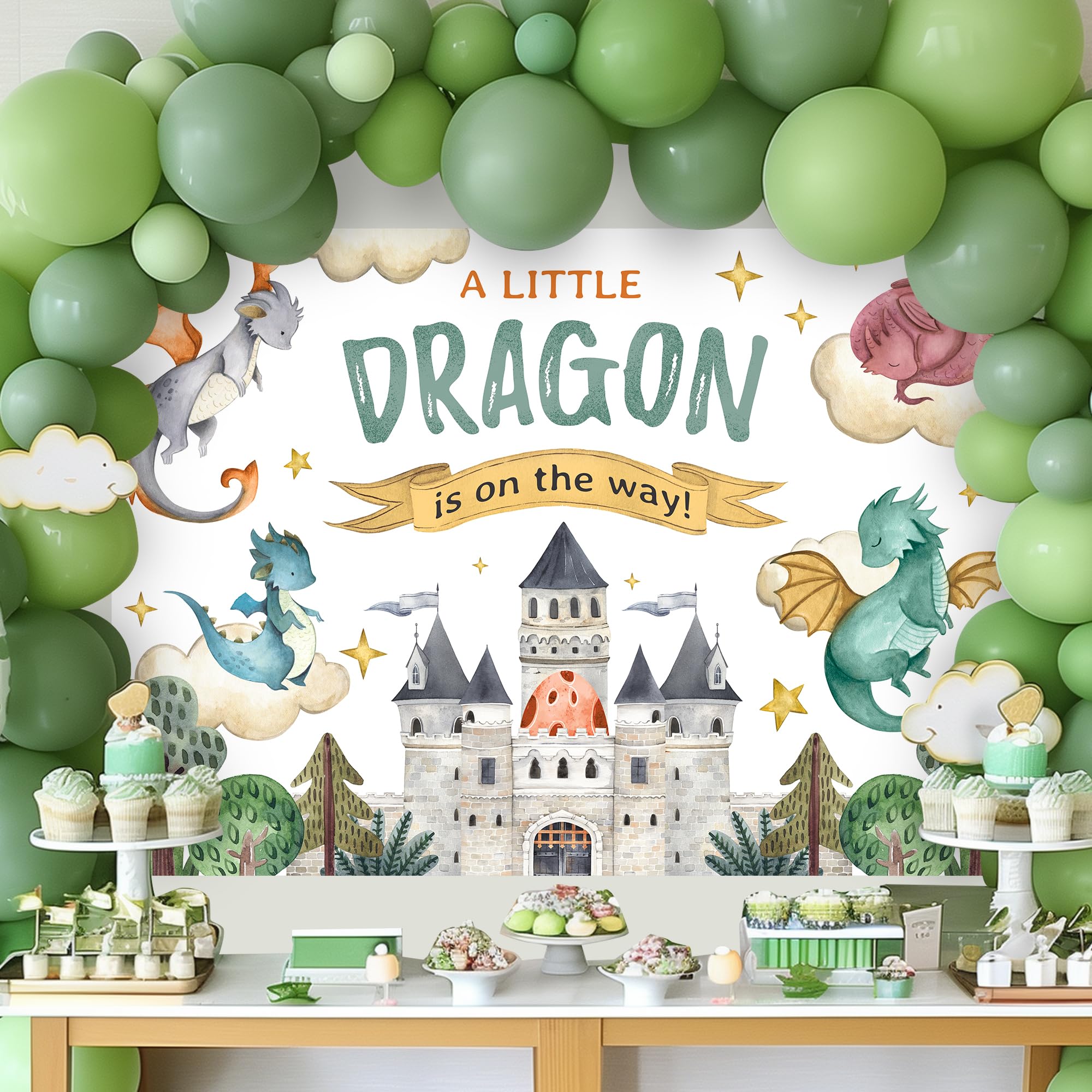 Lightinhome Dragon Baby Shower Backdrop 7Wx5H Feet A Little Dragon Is On The Way Cartoon Castle Cute Watercolor Kids Boys Photog