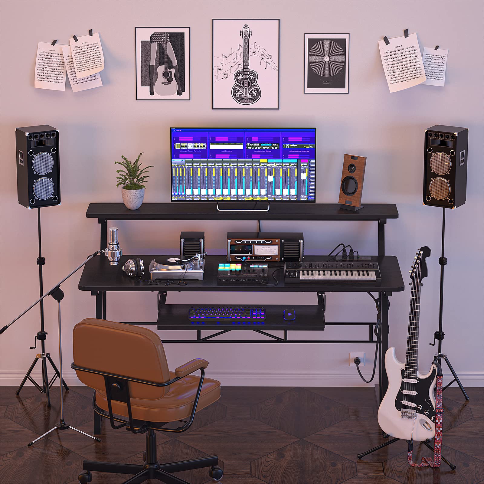 armocity 47'' Studio Desk - Black, Engineered Wood, Model SD-B, with Power Outlet for Music Production and Recording