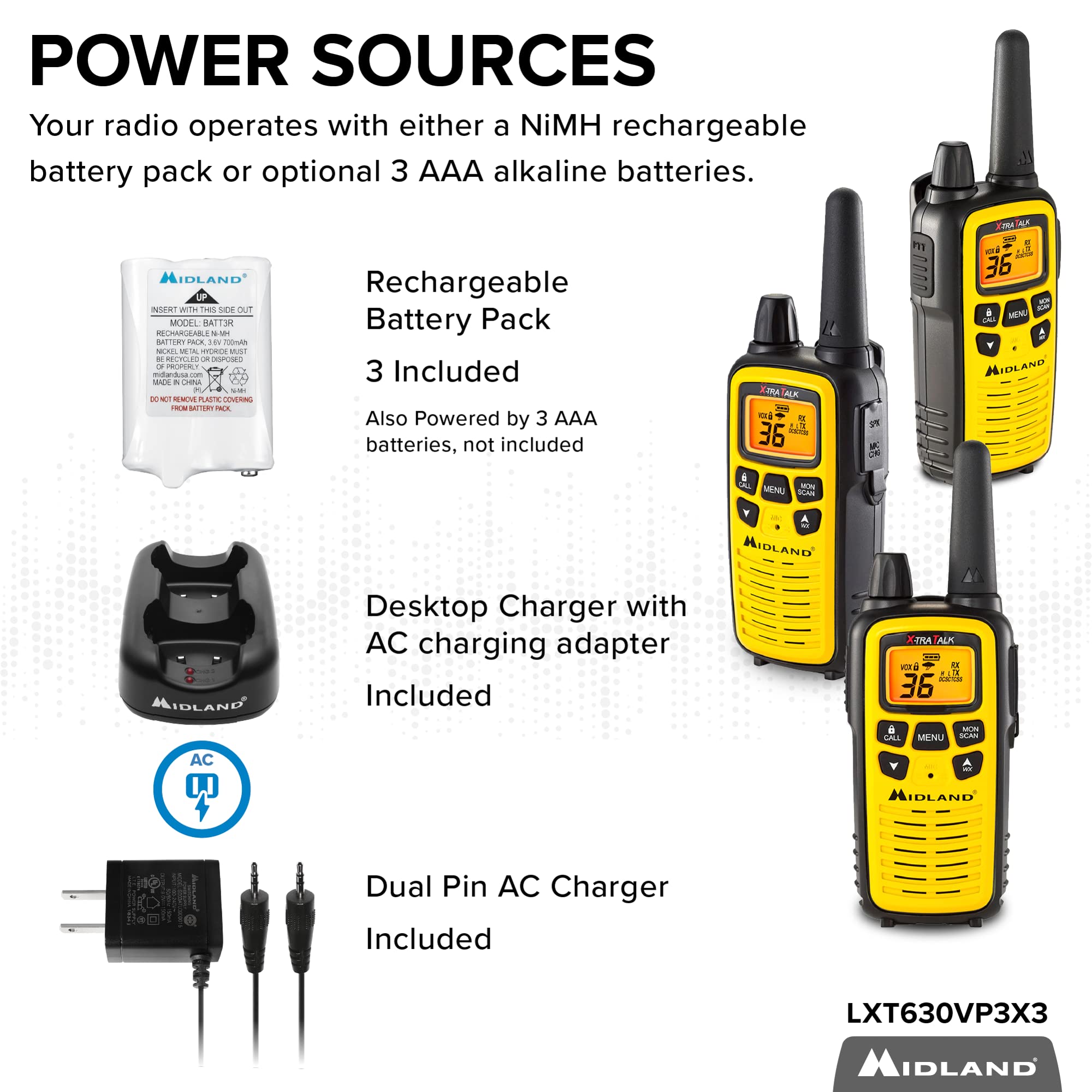 Midland 36 Channel Frs Two Way Radio   Long Range Walkie Talkie, 121 Privacy Codes, Noaa Weather Scan + Alert (Yellow/Black, 3 Pack)