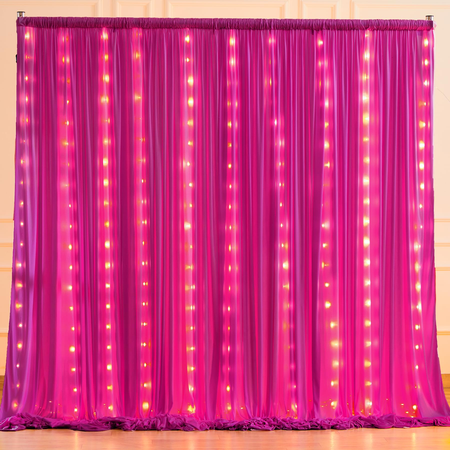 10X10Ft Rose Red Backdrop Curtains With Lights String For Wedding Parties, Wrinkle Free Polyester Curtain Backdrop For Birthday