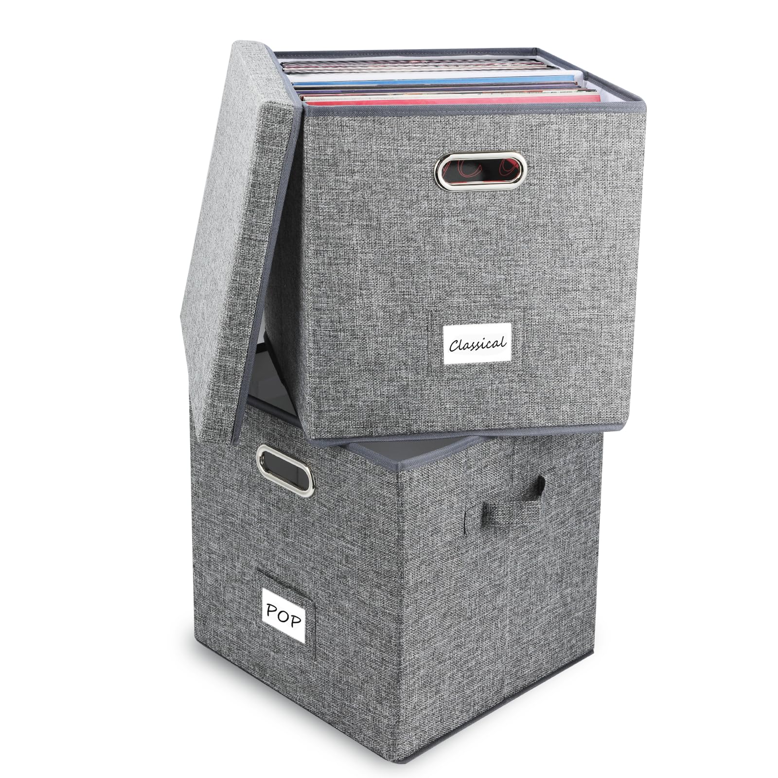 Zedkeho Vinyl Record Storage Box Set Of 2   Album Storage Holds 100+ Single Records, Decorative Lp Storage Organizer Crate With