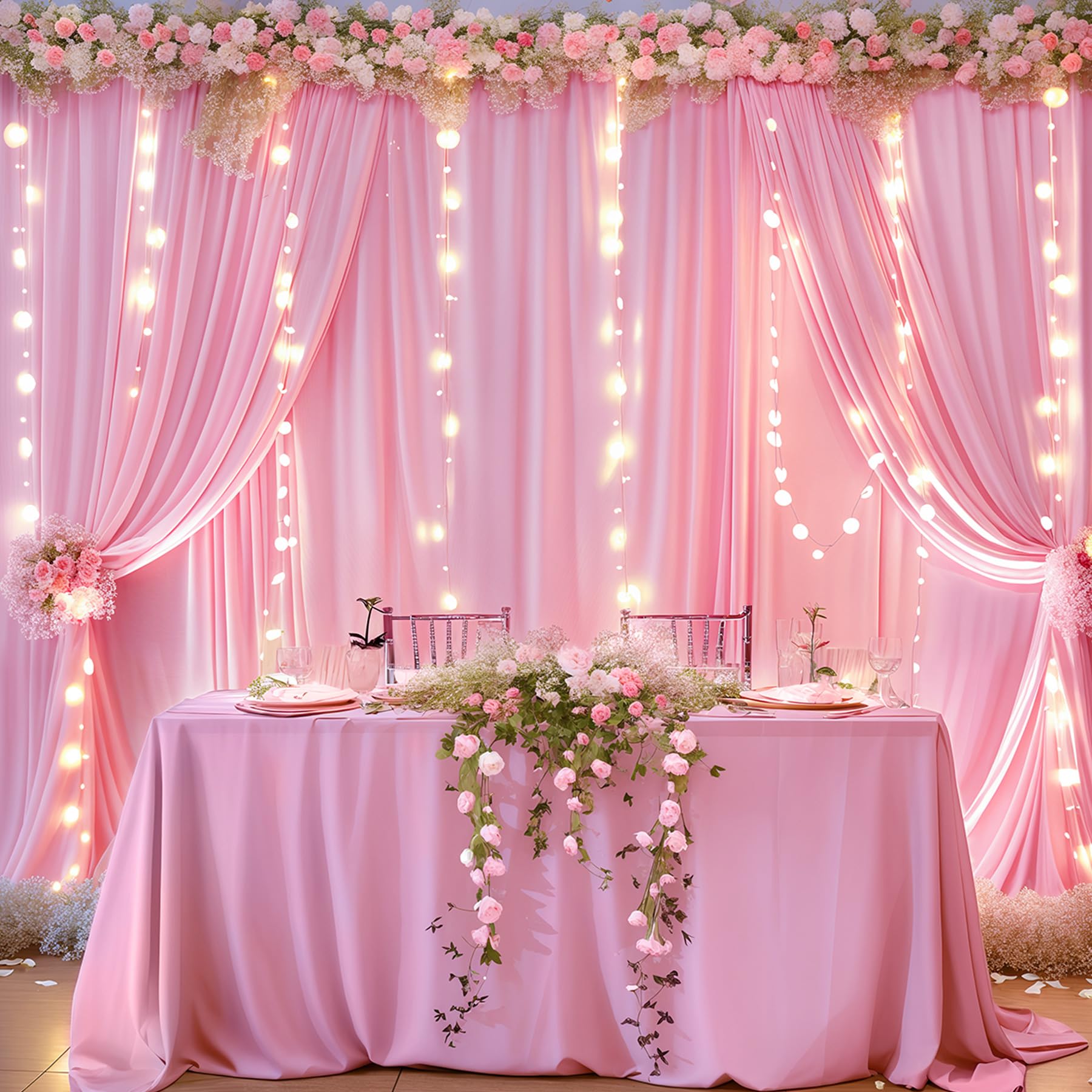 10X10Ft Pink Backdrop Curtains With Lights String For Baby Shower Parties, Wrinkle Free Curtains Backdrop Drapes For Wedding Gir