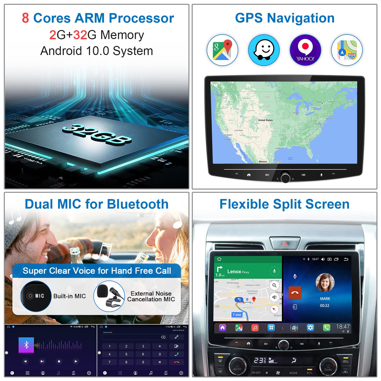 Iying Android Double Din Car Stereo Wireless Carplay Android Auto 8 Core 2G+32G Detachable 10 Inch Touchscreen Car Radio Bluetoo