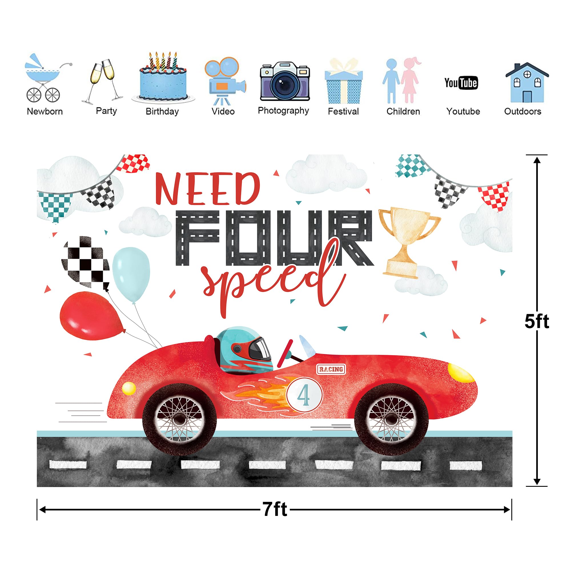 Glawry Need 4 Speed Birthday Backdrop 7Wx5H Feet Watercolor Red Racing Car Cartoon Cute Balloons Cool Boys Kids 4Th Birthday Par