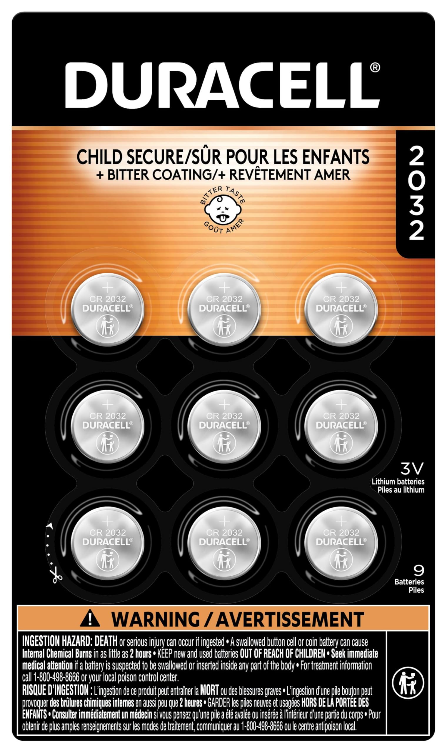 Duracell 2032 Lithium Battery, 9 Count (Pack of 1) Child Safety Features, Compatible with Apple AirTag, Key Fob, Tea Light Candl