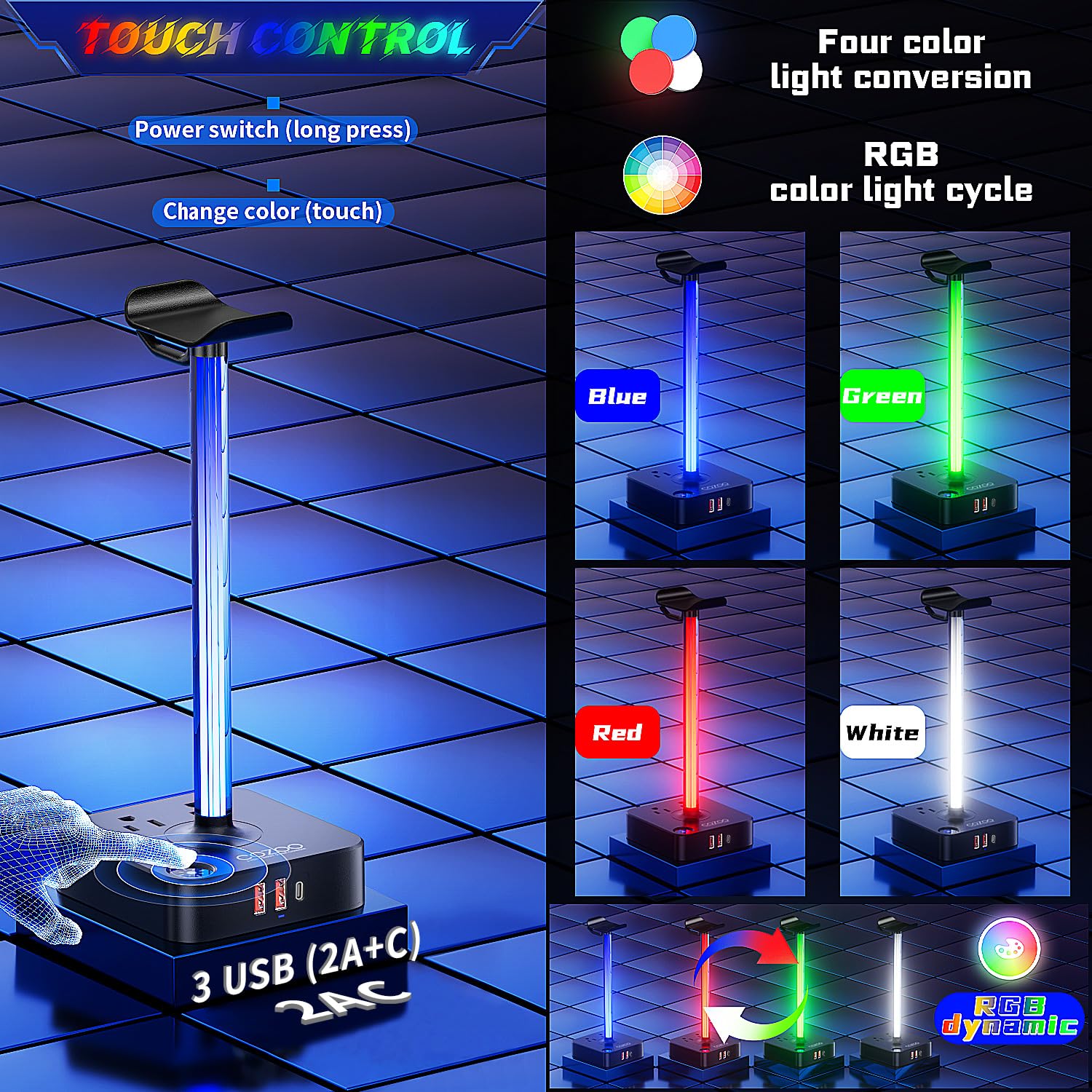 Rgb Headphone Stand With Usb Charger Cozoo Desktop Gaming Headset Holder Hanger With 3 Usb Charger And 2 Outlets   Suitable For