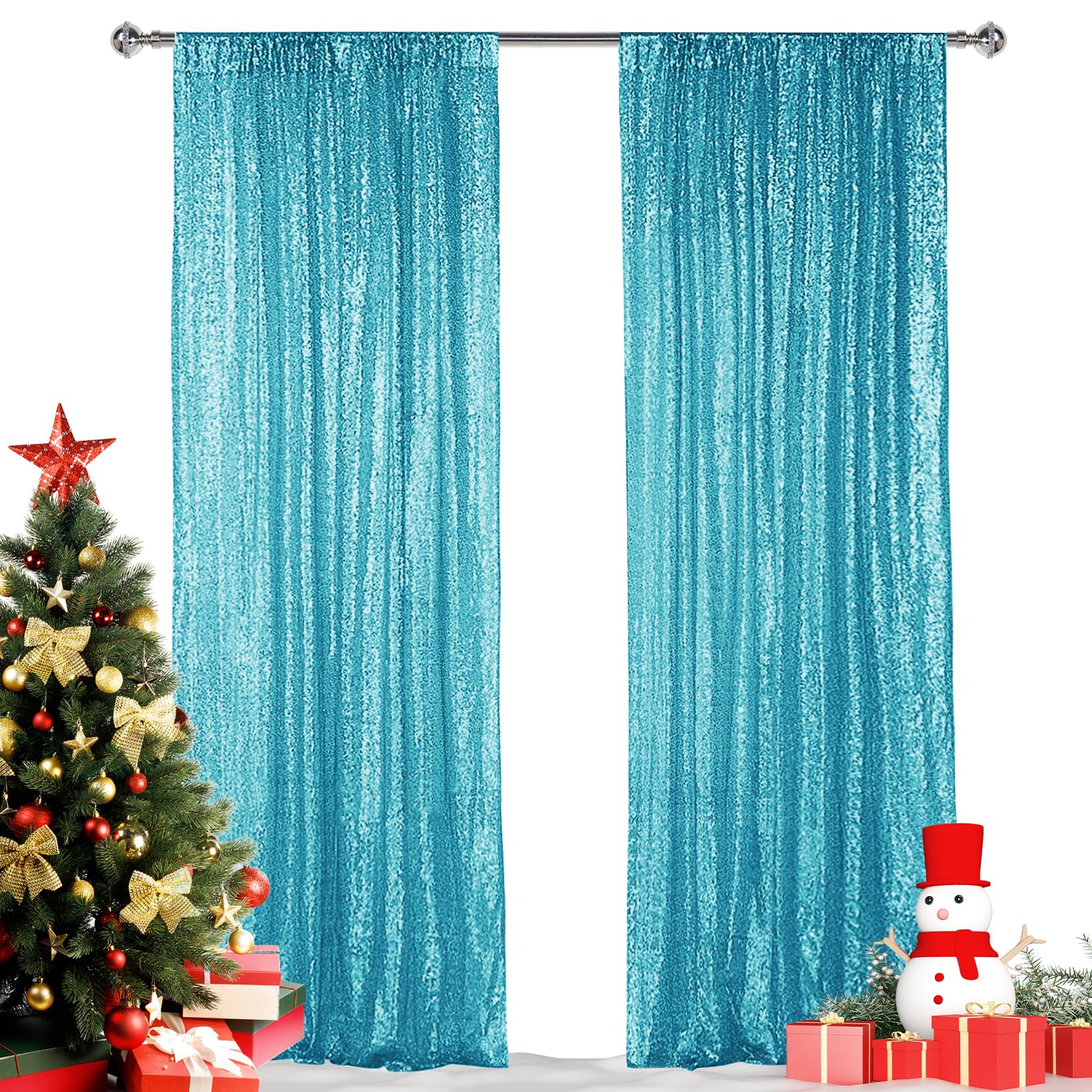 Hahuho Turquoise Sequin Backdrop Curtain, 2Pcs 2Ftx8Ft Glitter Backdrop Curtain For Parties, Christmas, Wedding, Party Decoratio