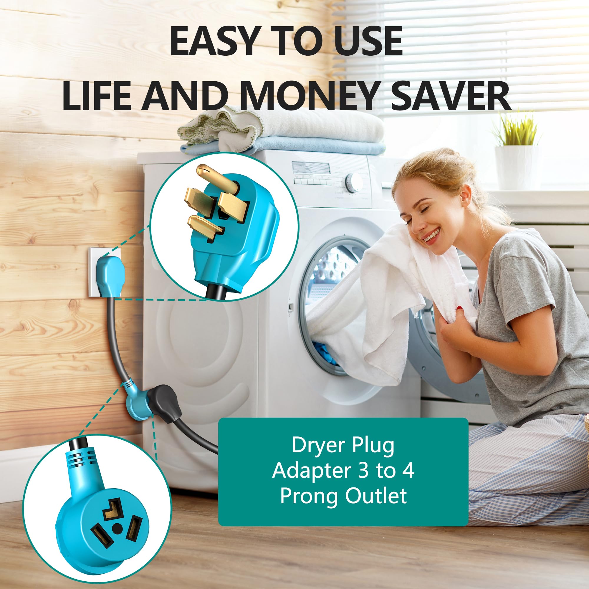 Eversimpleinc 3 To 4 Prong Dryer Adapter, Connects Old To New Dryer Receptacle, 30A 125/250V, Blue Plug