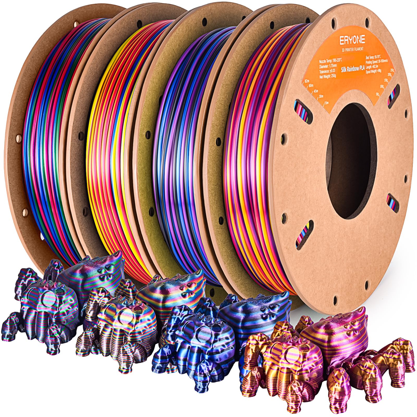 ERYONE Rainbow PLA Filament Bundle, 1.75mm +/-0.03 mm, Silk Twist Rainbow 3D Printer Filament 0.25kg/Spools, 4 Packs(2.2lbs), Tw