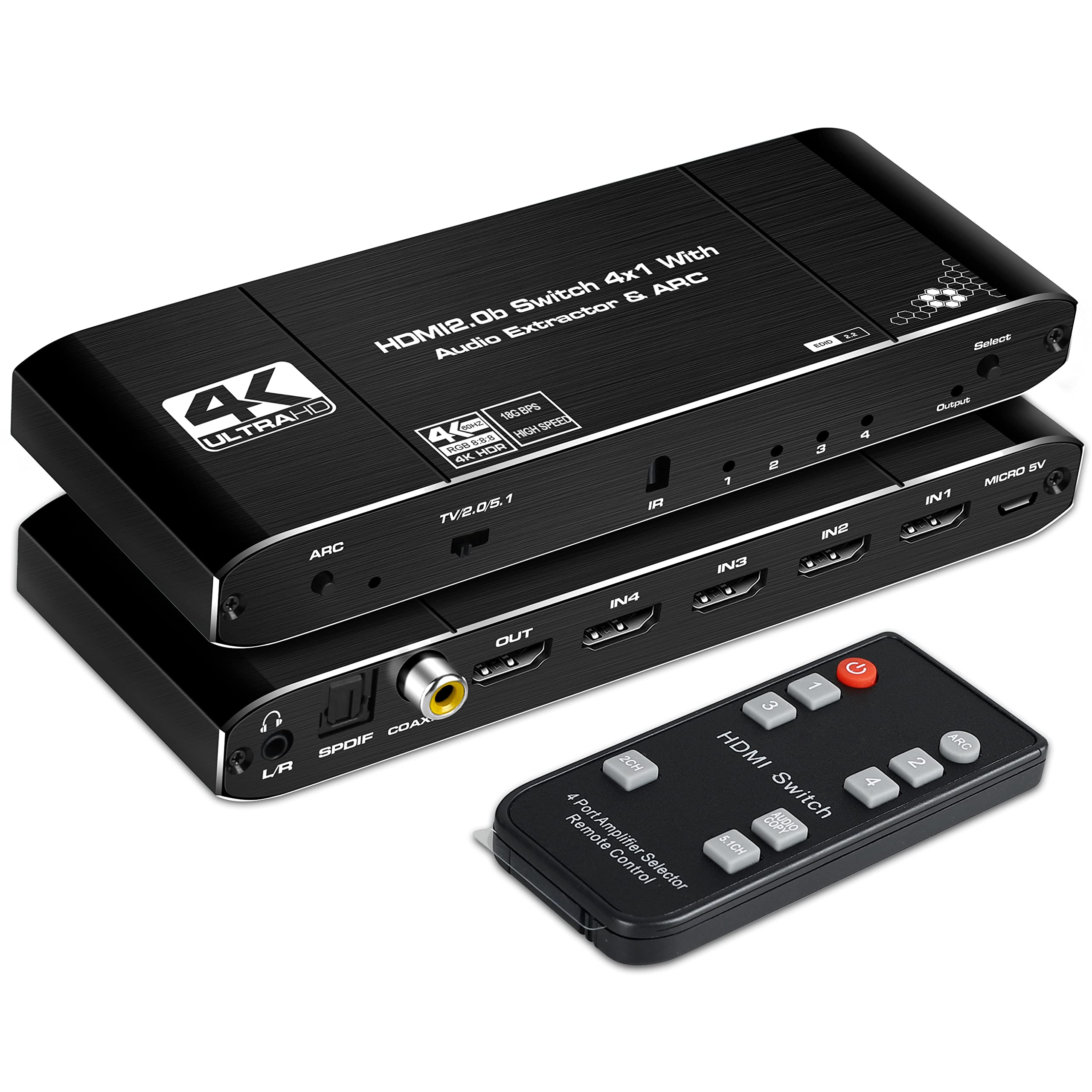 Newcare 4K@60Hz 4X1 Hdmi Switch Audio Extractor With Optical Toslink Spdif/Coaxial/3.5Mm Audio Out, 4 Ports Hdmi 2.0B Switcher With Remote Control Support Arc, Hdcp 2.2, 3D