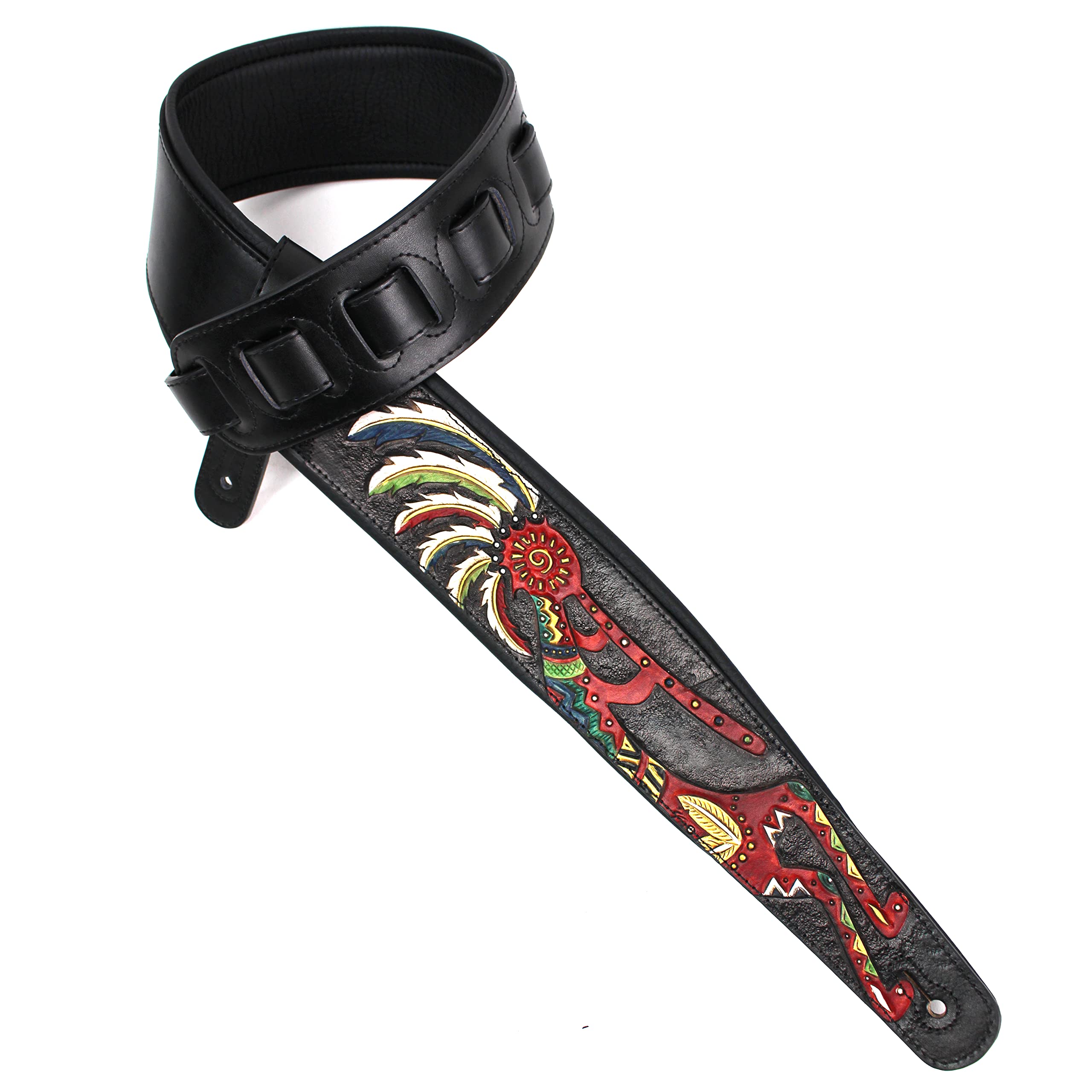 Walker And Williams Kb 56 Blk Handmade 3'' Wide Black Padded Guitar Strap With Carved Red Kokopelli Design On Premium Black Leat