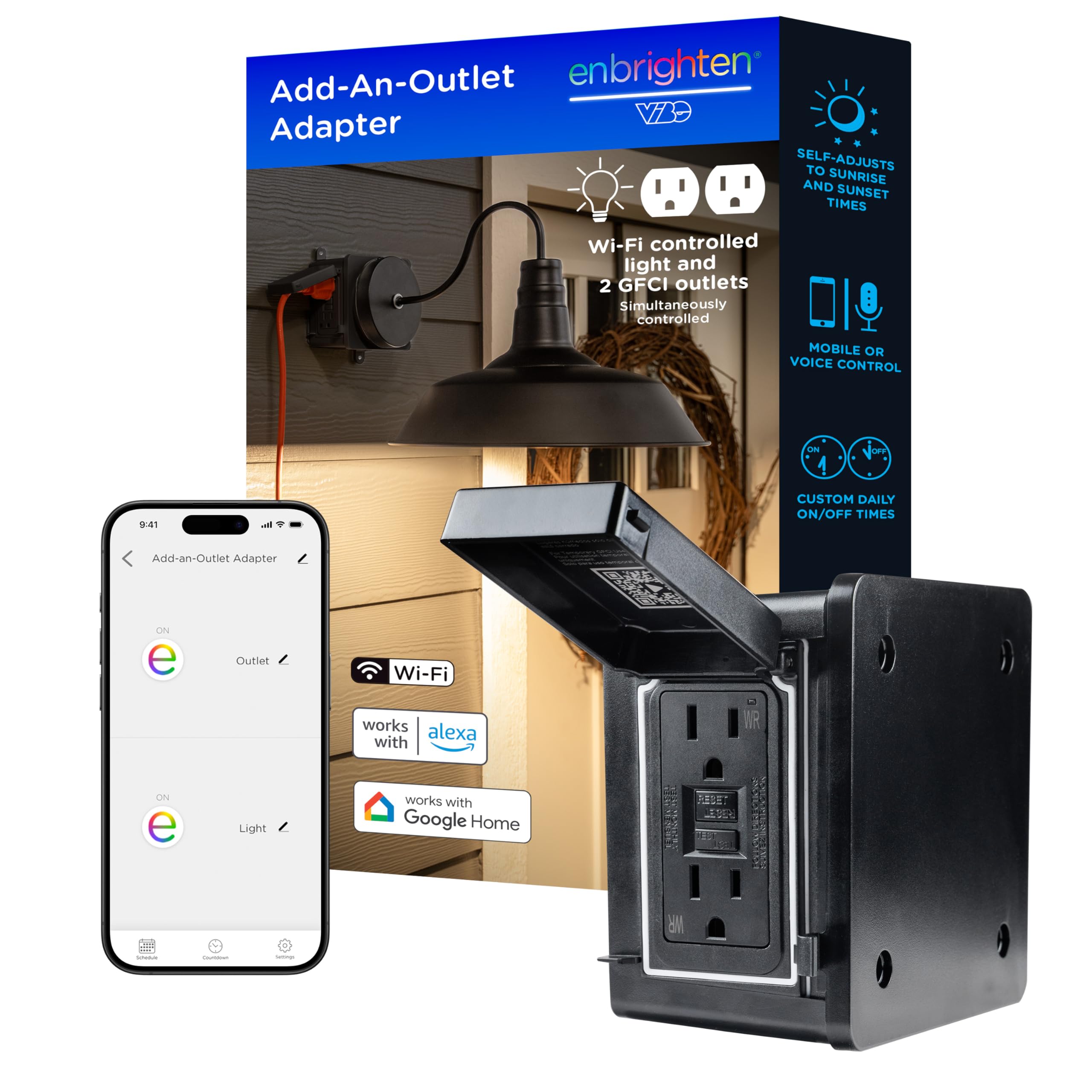 Enbrighten Vibe Add An Outlet Light Adapter, Smart Outdoor Outlet With Two Gfci Outlets For Porch Lights, Security Cameras, Dire