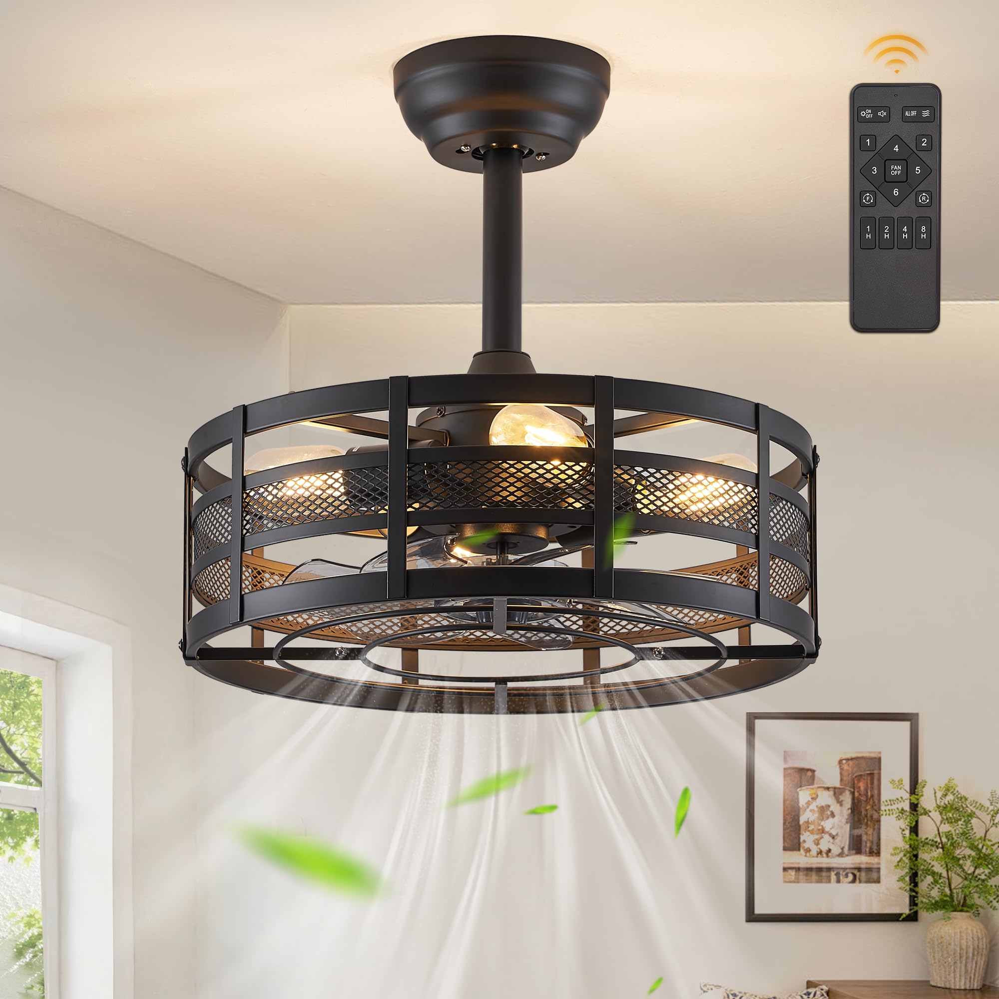 Fanbulous 16In Caged Ceiling Fans With Lights And Remote, Black Fandelier Ceiling Fan With 6 Speeds And Timing, Farmhouse Samll