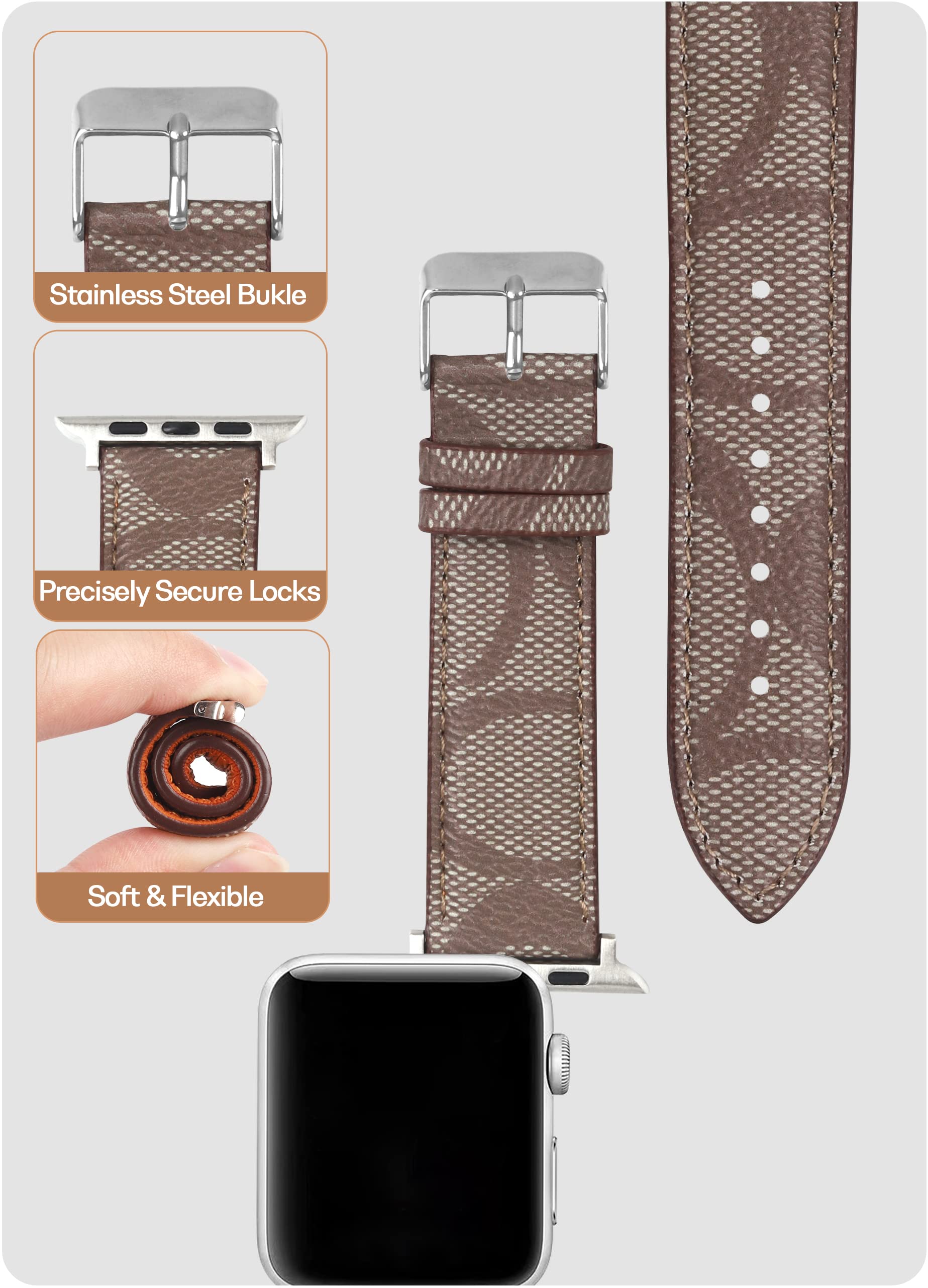 Smarwiss Designer Luxury Band Compatible With Apple Watch 41Mm 40Mm 38Mm, Khaki C Elements Soft Leather Iwatch Band With Classic