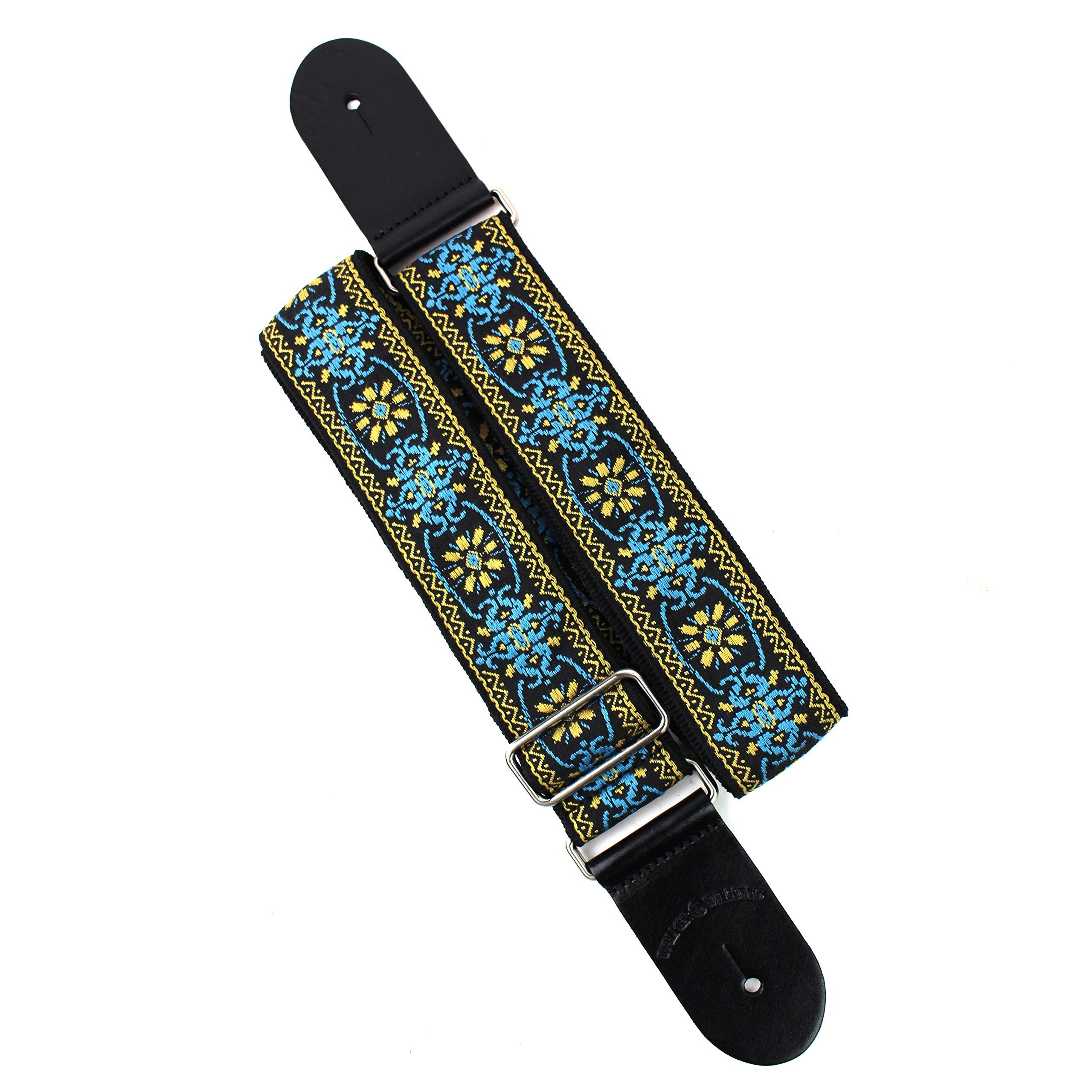 Walker & Williams H 01 Blue Woodstock Woven 60'S Style Premium Woven Guitar Strap With Thick Leather Endcaps For Acoustic, Elect
