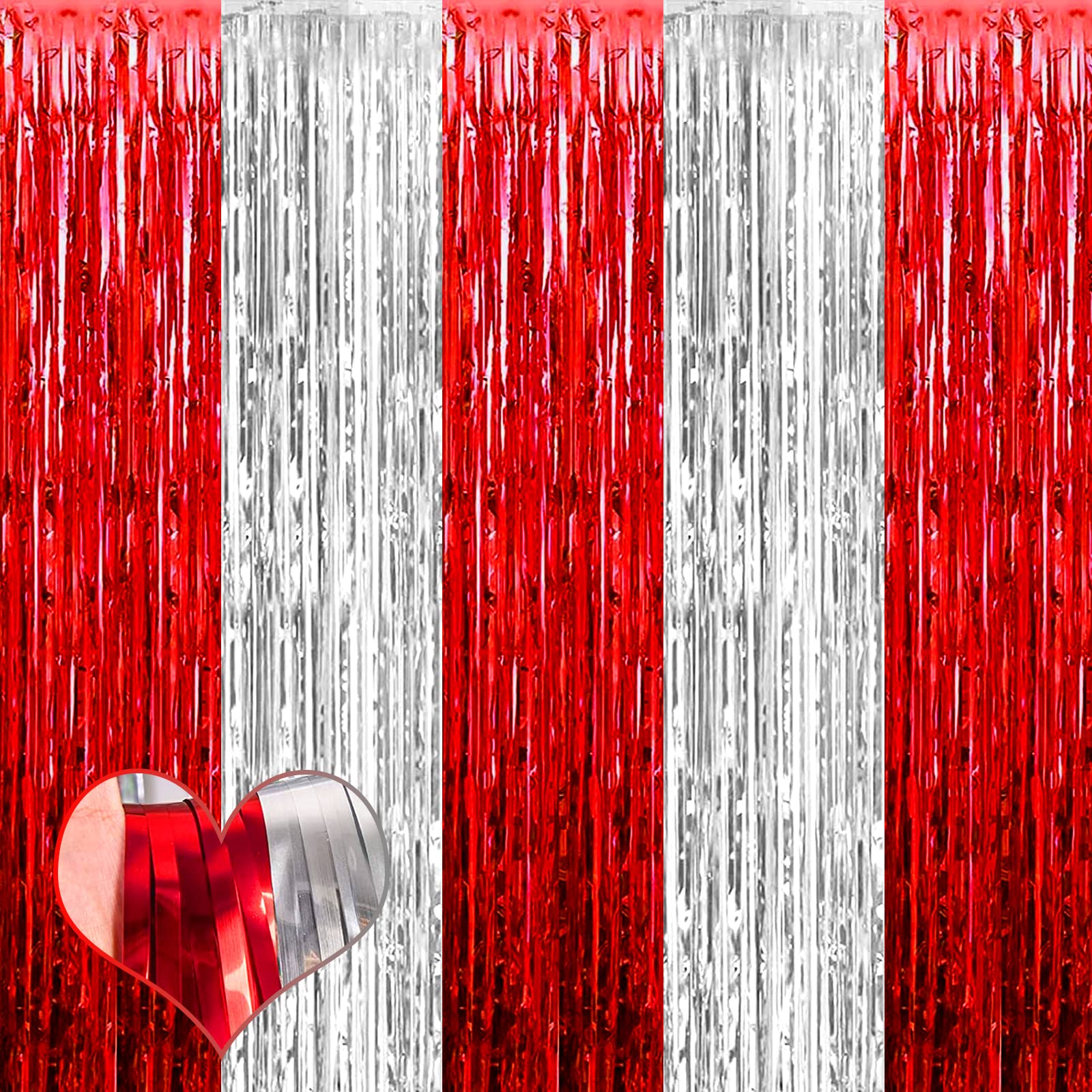 4 Pack 3.2Ft X 9.8Ft Red And Silver Fringe Curtain Backdrop, Metallic Tinsel Foil Fringe Streamers Curtains Background For Photo