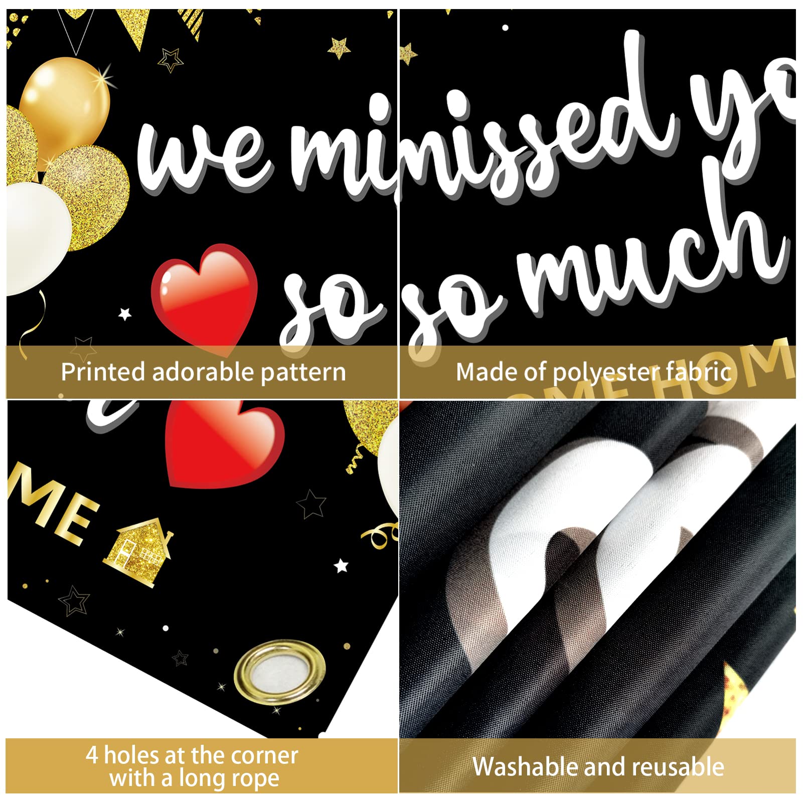 Pimvimcim Welcome Home Banner, Polyester Decoration With Copper Ring Holes, 'We Missed You So Much' Sign, 73 X 44 Inches, Red, F