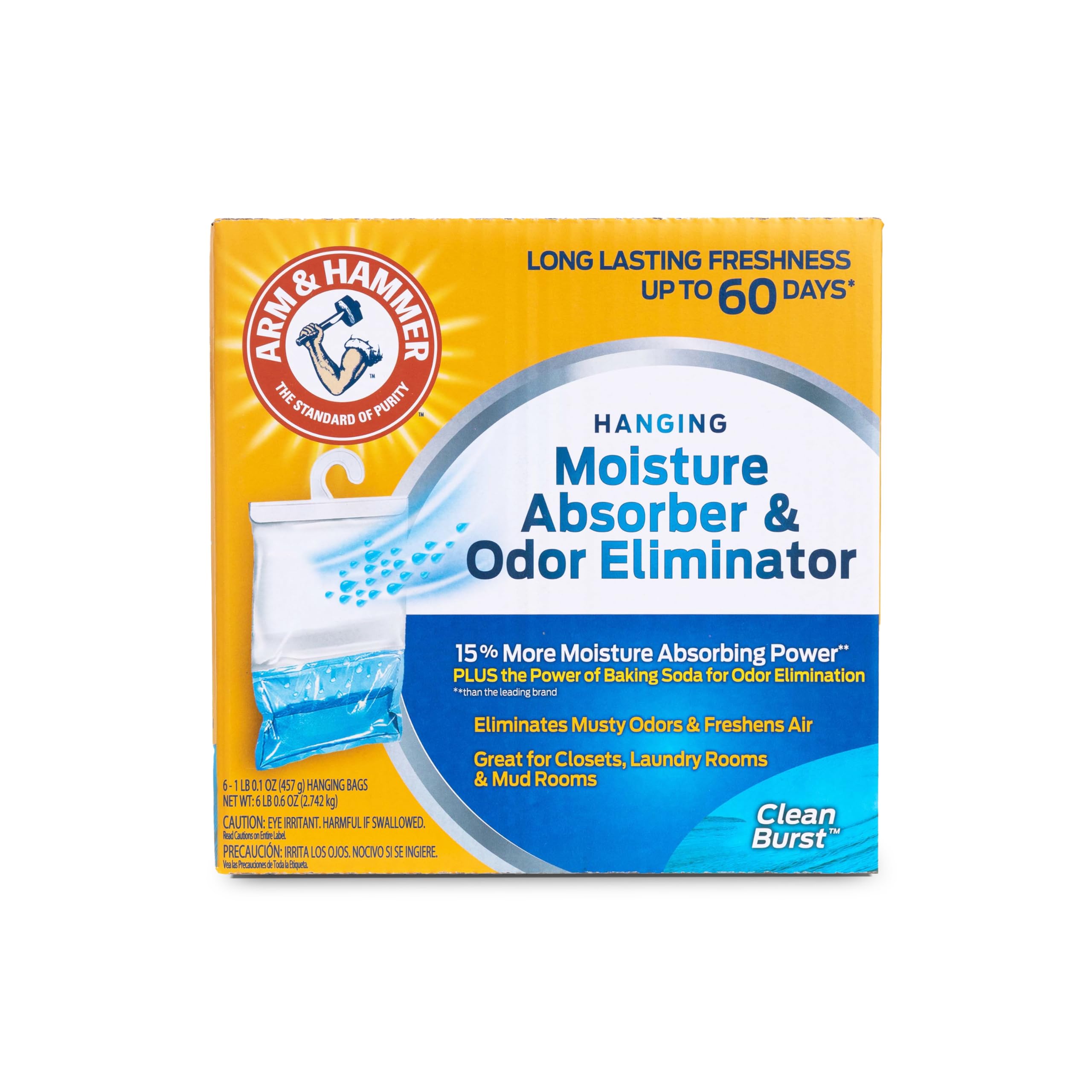 Arm & Hammer Hanging Moisture Absorber And Odor Eliminator, 16.1 Oz., 6 Pack, Clean Burst, Moisture Absorbers For Closet And Sma