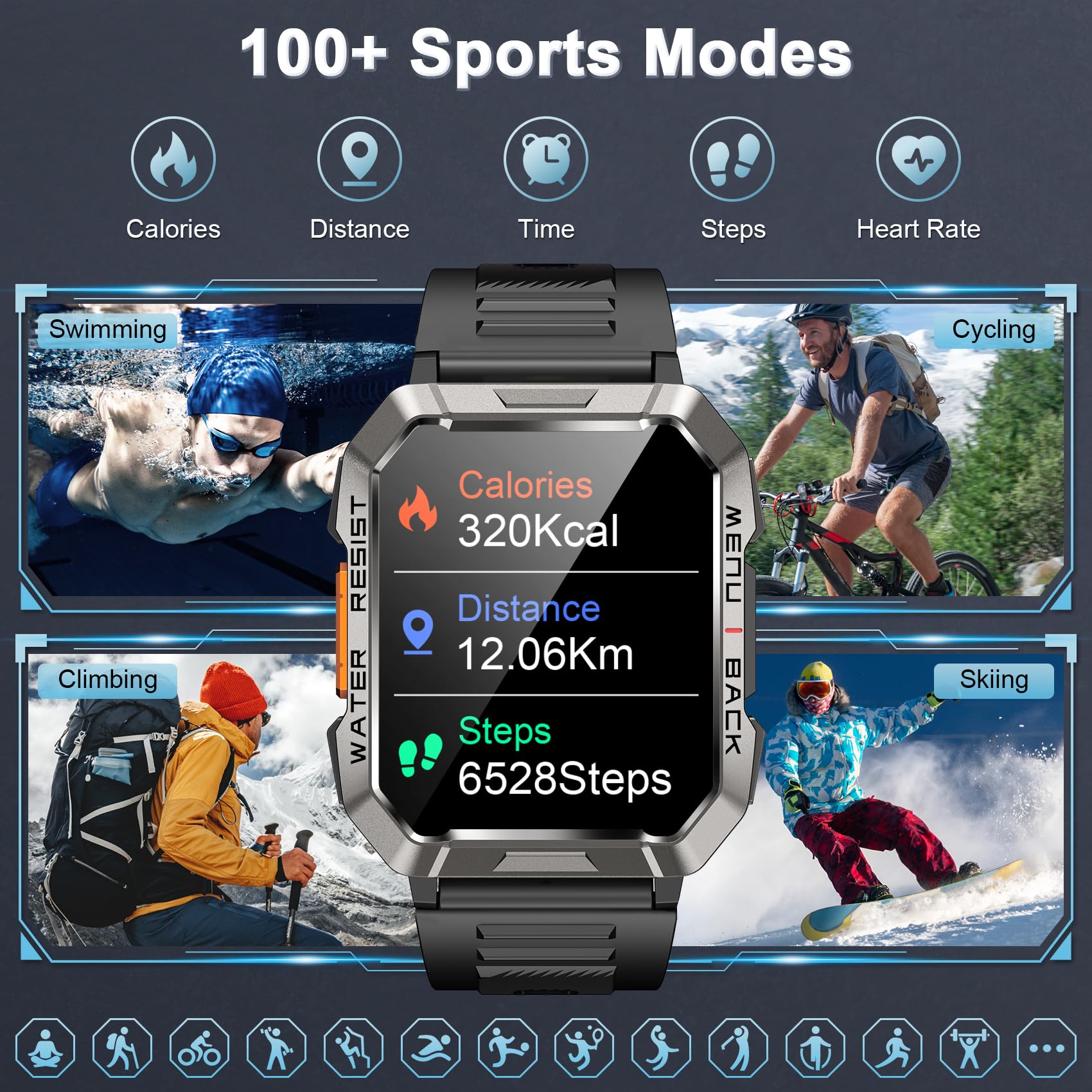 Military Smart Watch For Men(Answer/Make Call), Outdoor Sports Smartwatch With Flashlight/100 Days Battery/Compass/Heart Rate/Sp