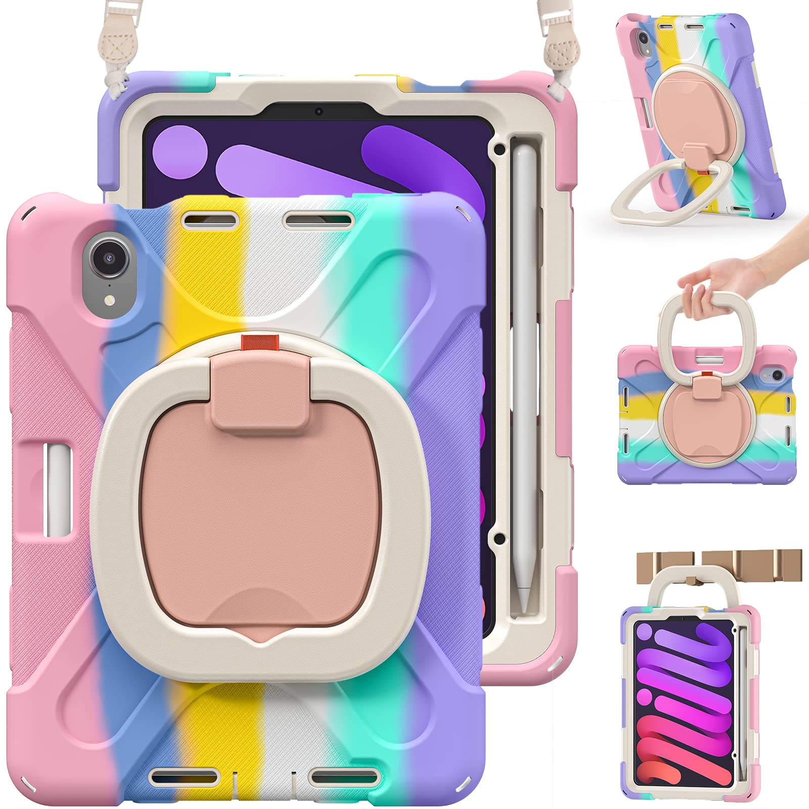 Braecn Kids Case For Ipad Mini 6Th Gen 8.3'' 2021 A2567/A2568/A2569, Rugged Silicone Cover With Screen Protector, 360 Swivel Han