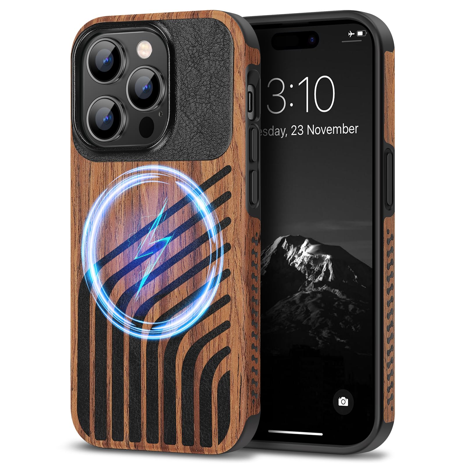TENDLIN Magnetic Case Compatible with iPhone 14 Pro Max Case Wood Grain with Carbon Fiber Texture Design Leather Hybrid Slim Cov