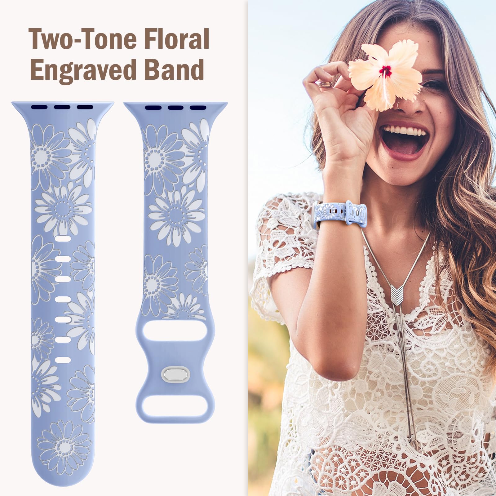 Daqin Compatible With Apple Watch Band 42Mm 44Mm 45Mm 46Mm 49Mm 40Mm 41Mm 38Mm, Soft Silicone Cute Flower Pattern Waterproof Str