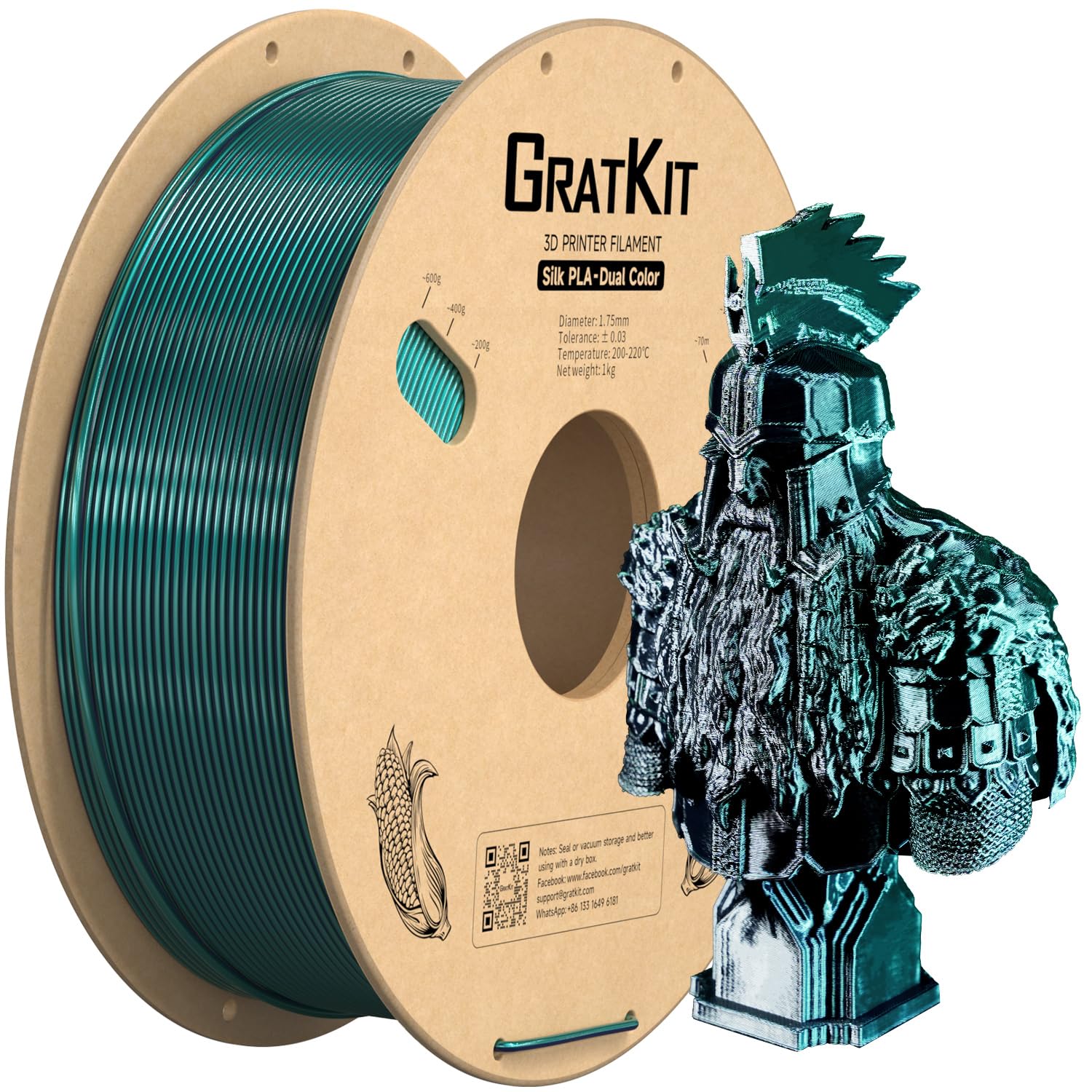 Gratkit Silk Dual Color PLA Filament, Coextrusion PLA Filament 1.75mm, +/-0.03mm, 1KG/Roll, Silk PLA Black & Green
