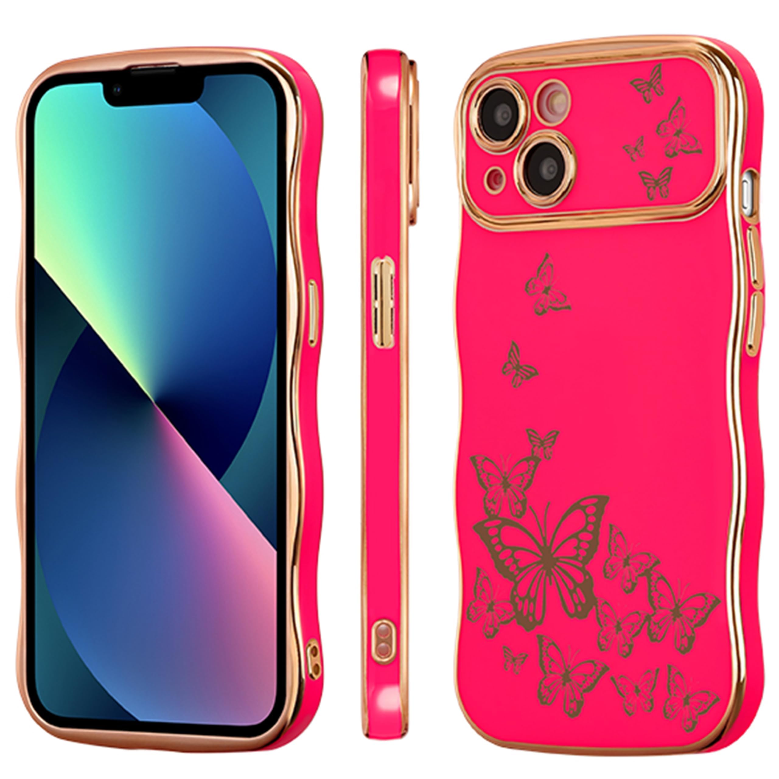 Ztofera For Iphone 14 Case For Girl Women, Cute Curly Wave Frame With Luxury Plating Butterfly Pattern, Soft Tpu Electroplated E