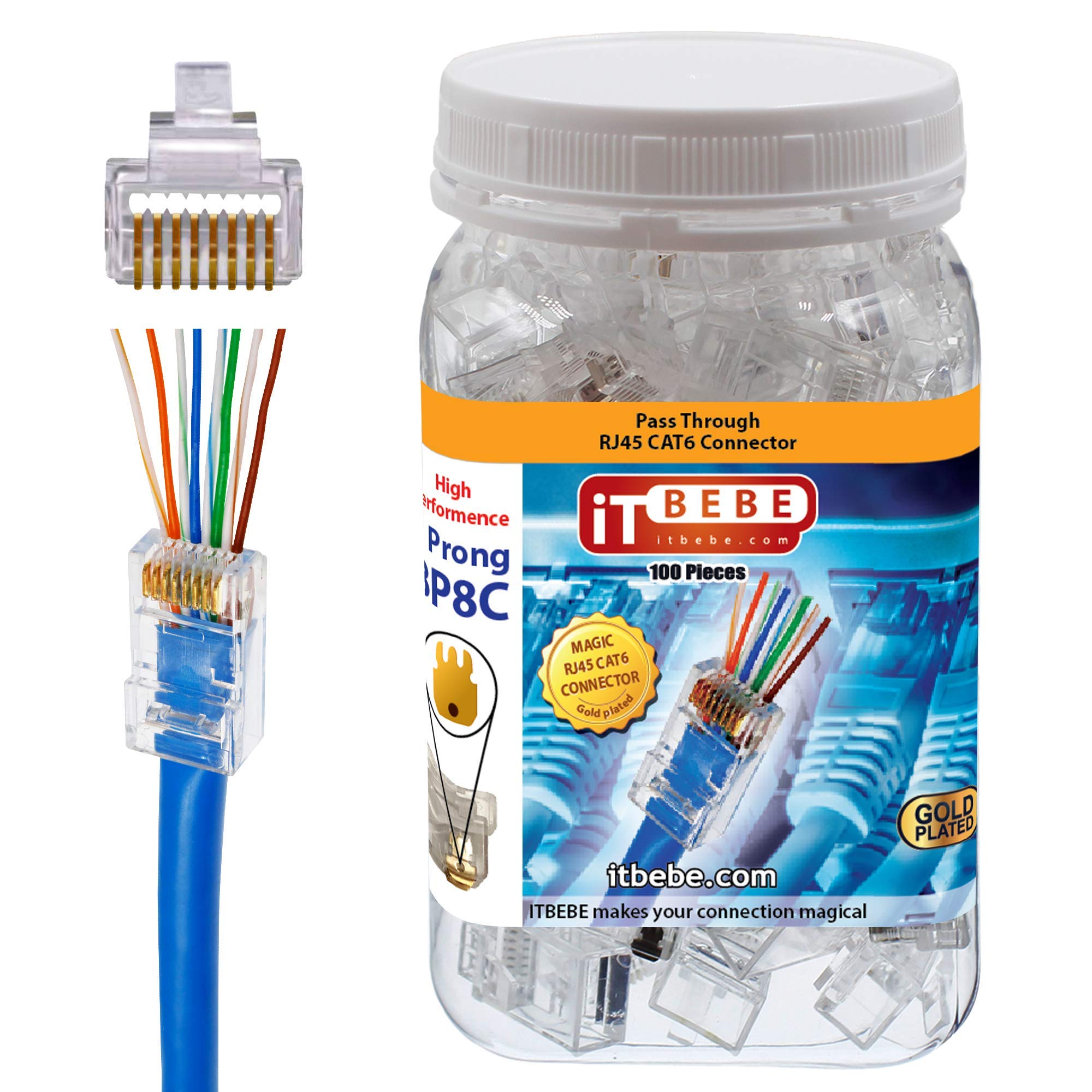 Itbebe 100 Pieces   Gold Plated End Pas Through Rj45 Cat6 Connector 8P8C 3 Micron 3U 3 Prong Premium Modular Utp Plug Connector
