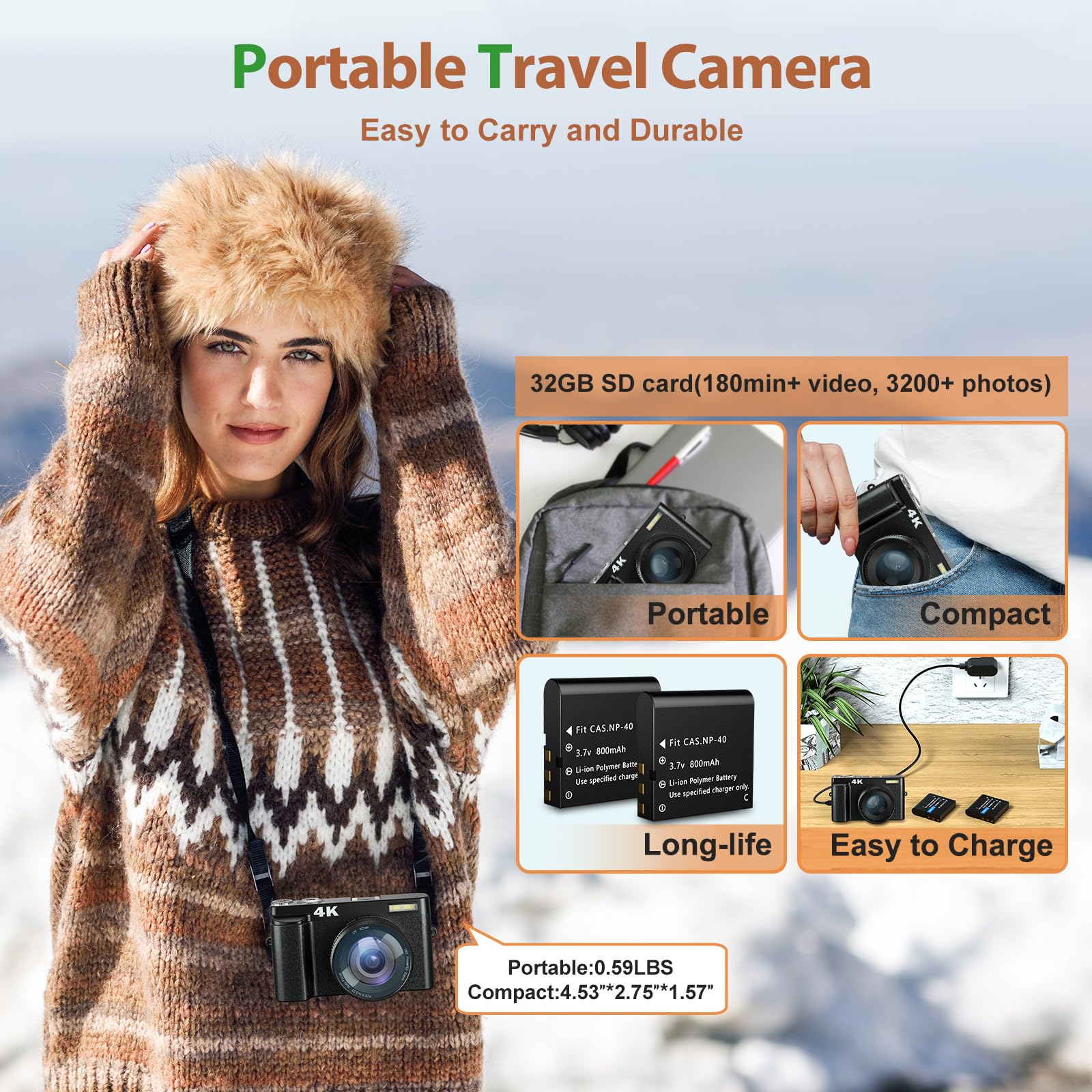 4K Digital Camera For Photography And Video, 48Mp Vlogging Camera With Sd Card Autofocus Anti Shake, 3'' 180 Flip Screen Digital