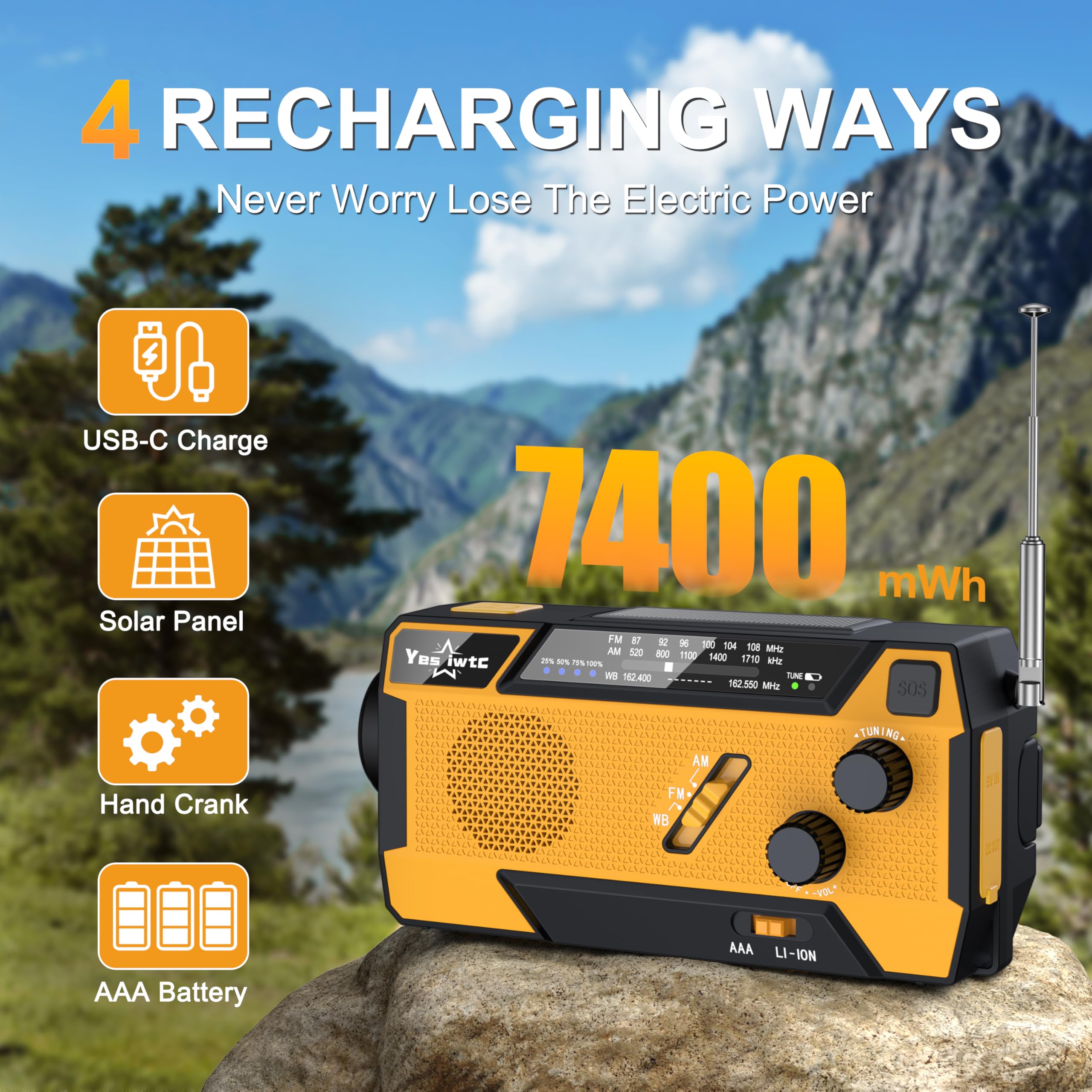 Yesiwtc Emergency Weather Radio 7400Mwh Emergency Crank Radio 3 In 1 Charging Cable Hand Crank Solar Radio With Noaa/Am/Fm Power