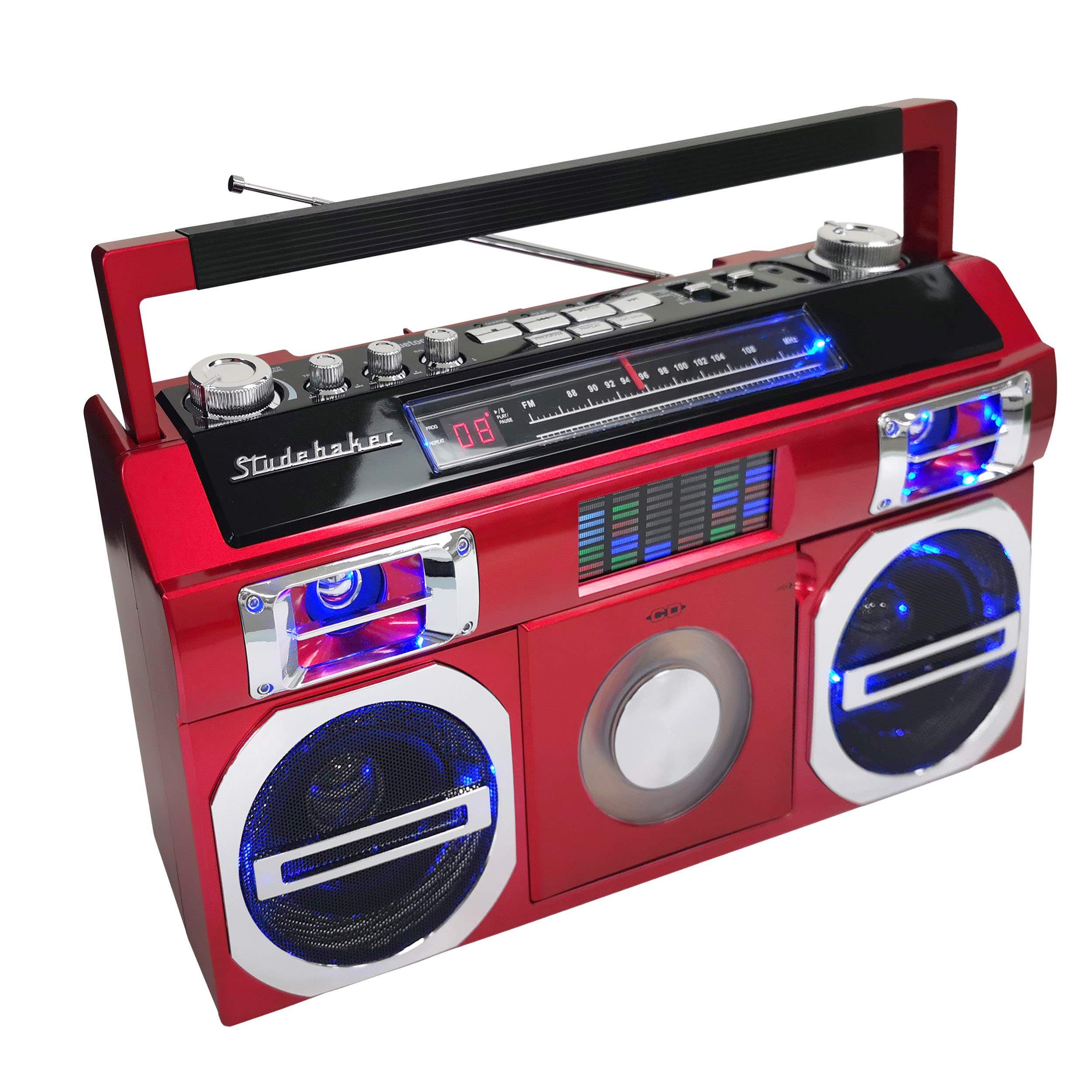 Studebaker Sb2145R 80S Retro Street Bluetooth Boombox With Fm Radio, Cd Player, Led Eq, 10 Watts Rms Power And Ac/Dc In Red