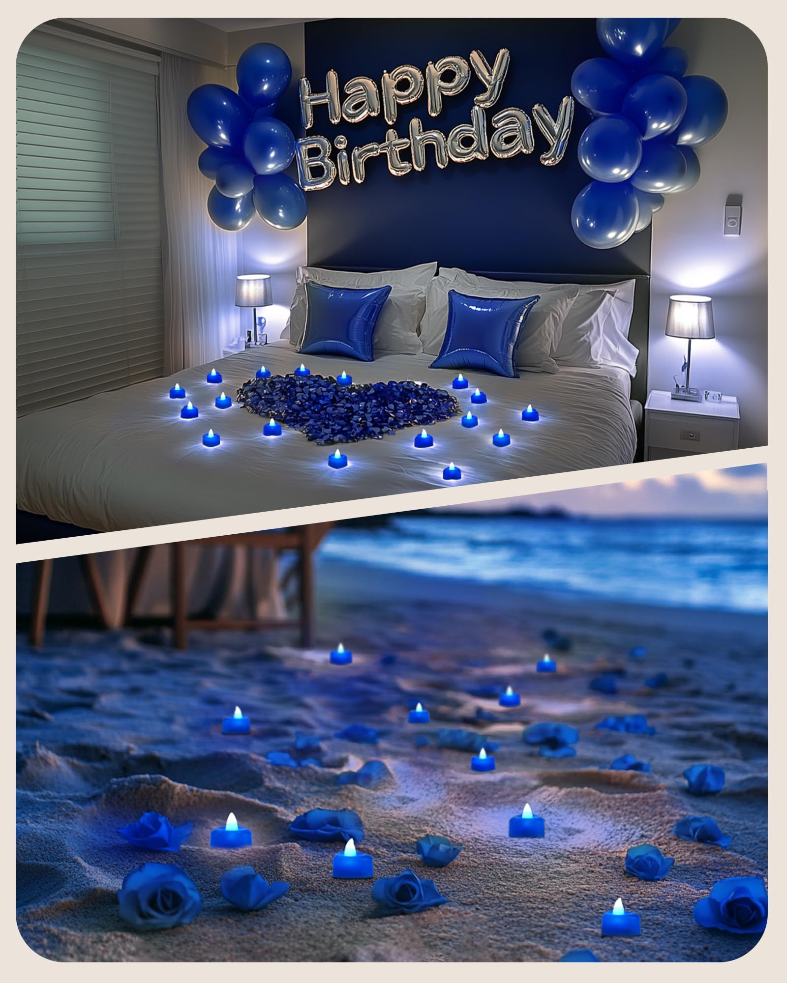 Amagic 1000 Pieces Blue Artificial Rose Petals With 12 Blue Heart Led Tea Lights, Rose Petals, And Candles Set For Proposal, Ann