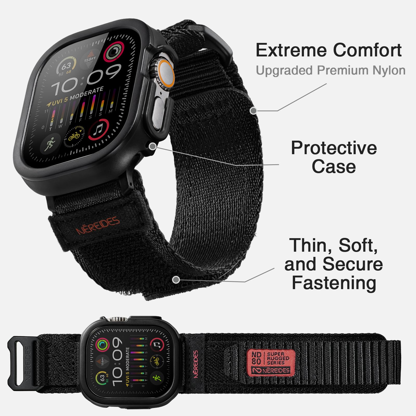 Rugged Case With Band For Apple Watch Ultra 1/2 Band 49Mm, Hook And Loop Nylon Sport Strap With Case For Iwatch Men(Black)