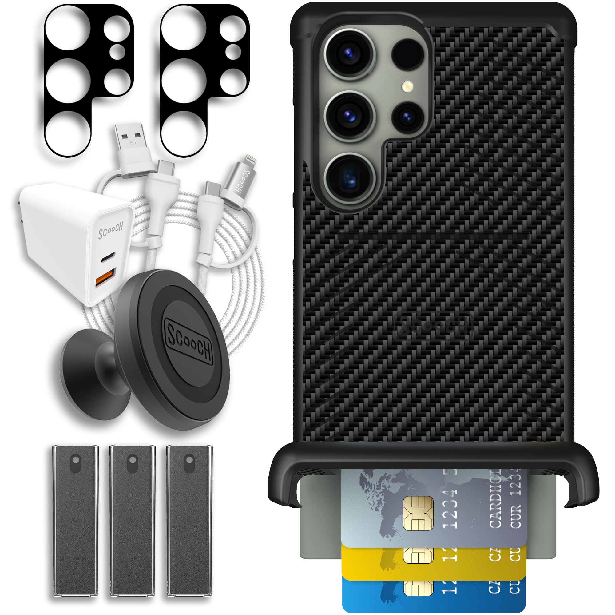 Scooch Wingmate for Galaxy S23 Ultra [Ultimate Bundle] 2 Camera Lens Protectors, Wingmount, 3 Tech Sprays, JuicePlug, JuiceCord 