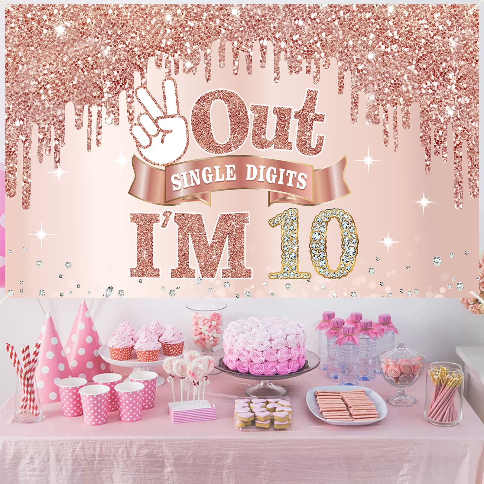 Large 10 Years Old Birthday Banner Decorations For Girls, Pink Rose Gold 10Th Birthday Backdrop Party Supplies, Out Single Digit