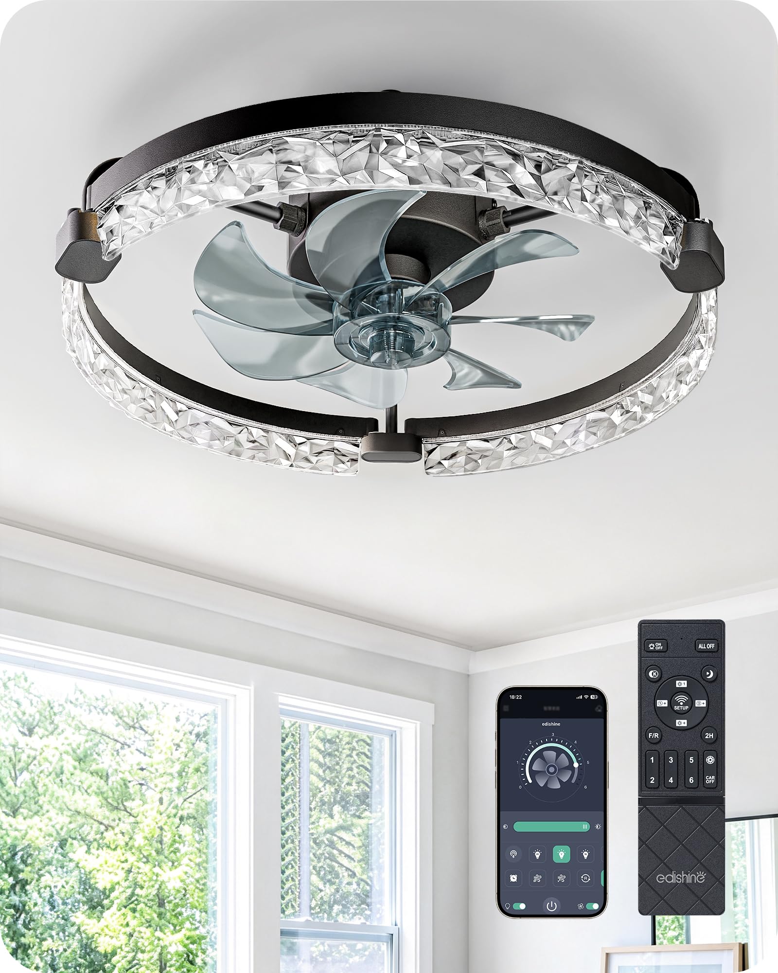 EDISHINE Ceiling Fans with Lights and Remote, 20 Low Profile Ceiling Fan, 3000-6000K Dimmable, 6 Speeds LED Modern Flush Mount