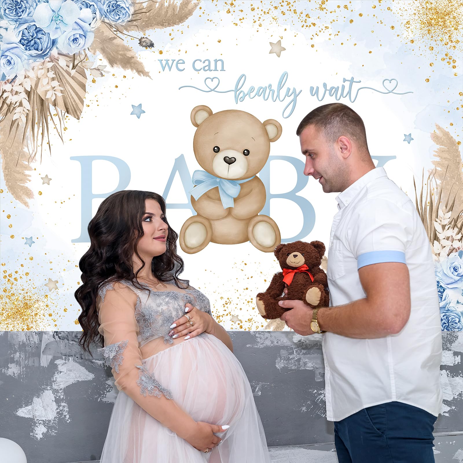 Mocsicka Boy Bear Baby Shower Backdrop Blue Boho Pampas Grass Baby Shower Background We Can Bearly Wait Baby Shower Party Cake T
