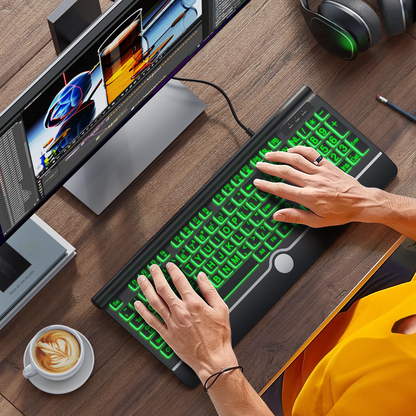 Kopjippom Computer Wired Keyboard, Large Print Backlit Keyboard With Wrist Rest, 7 Colors Backlit, Plug And Play, Foldable Stand