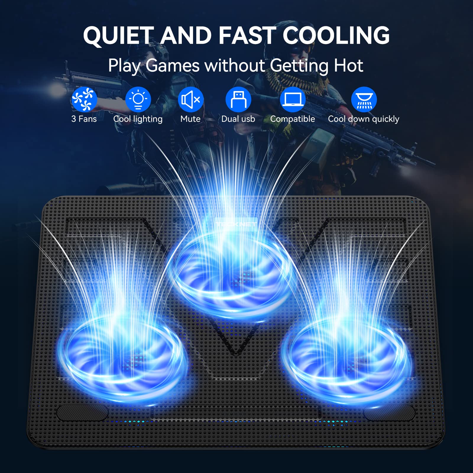 Tecknet Laptop Cooling Pad, Portable Slim Quiet Usb Powered Laptop Notebook Cooler Cooling Pad Stand Chill Mat With 3 Blue Led F