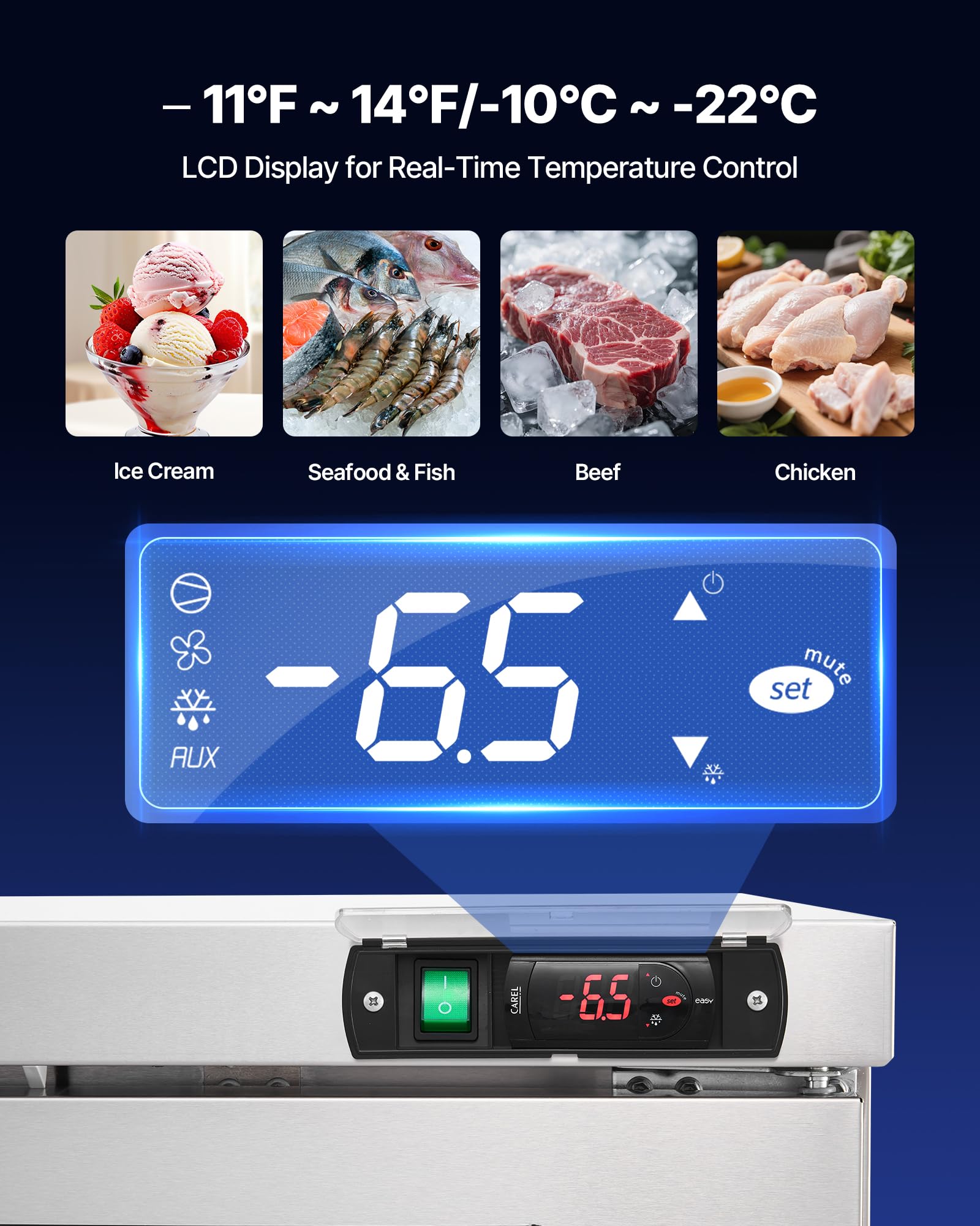 Vevor 72 W Commercial Freezer, 17.7 Cu.Ft Worktop Freezers Undercounter With Led Auto Lighting And Lockable Door, 3 Doors Food F