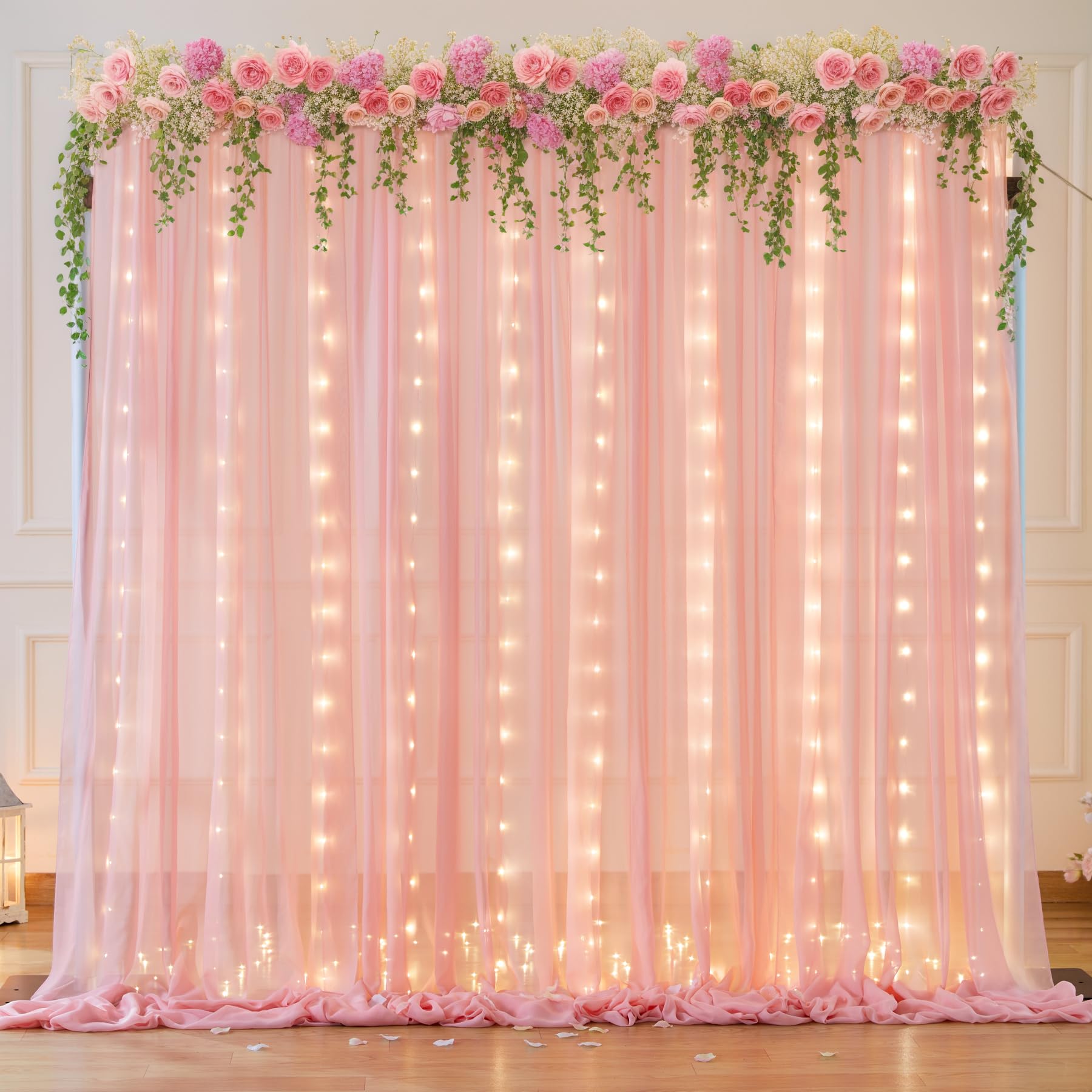 10ft x 7ft Baby Pink Chiffon Backdrop Curtain with Lights String for Parites Wedding Wrinkle Free Curtain Photo Backdrops Drapes