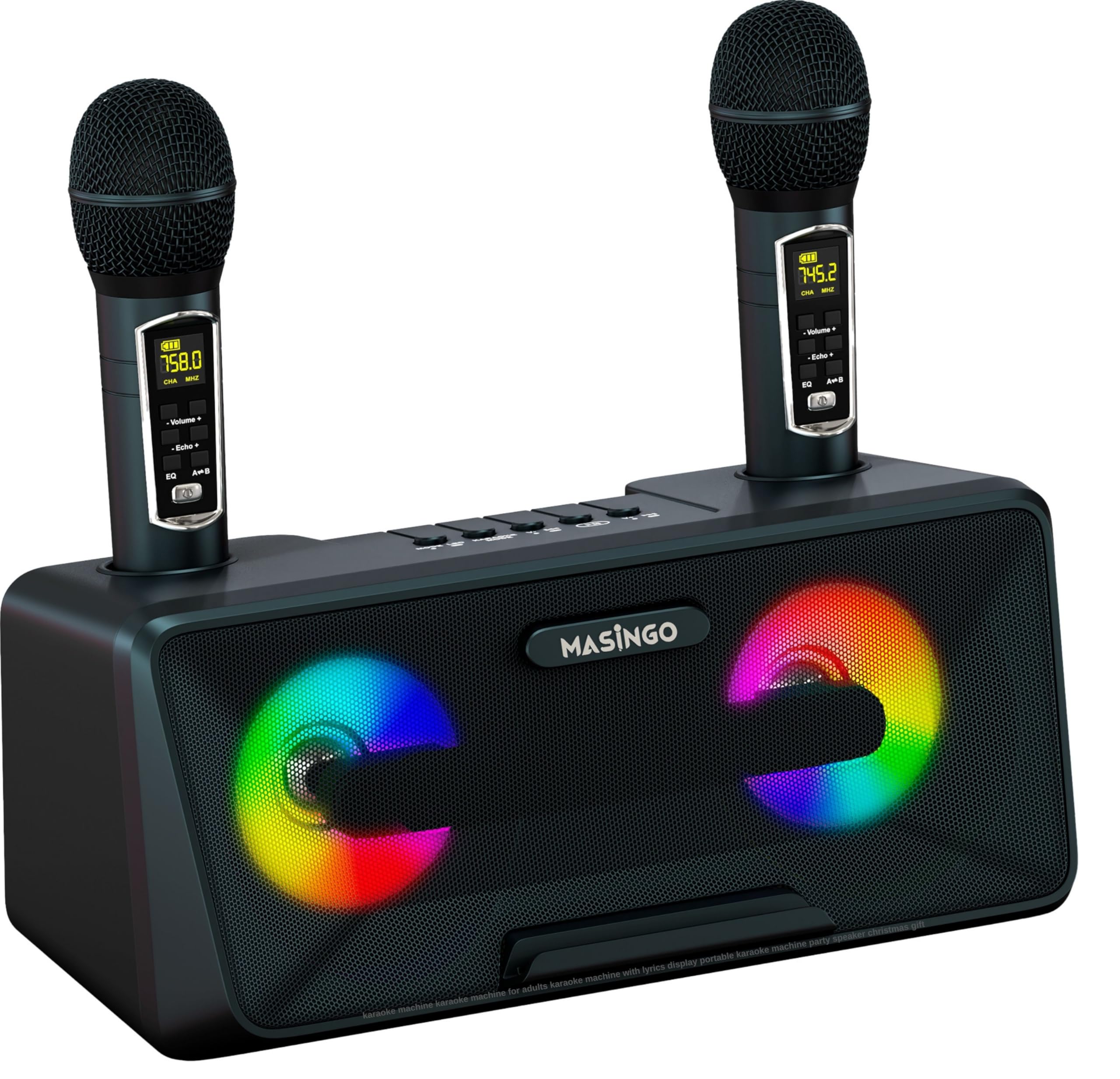 MASINGO Karaoke Machine for Adults and Kids with 2 Wireless Microphones, Portable Bluetooth Singing Speaker, Colorful LED Lights