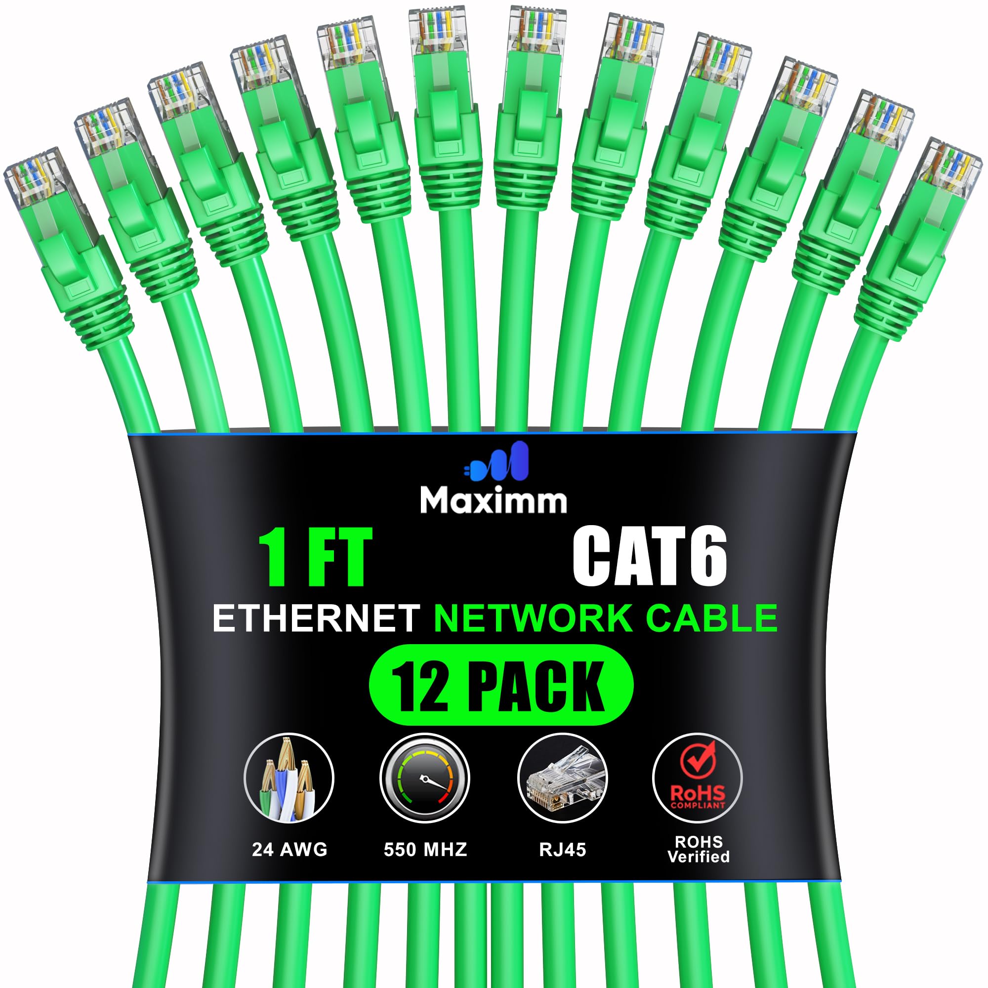 Maximm Cat 6 Ethernet Cable 1 Ft (12 Pack)   High Speed Lan Cable, Internet Cable, Patch Cable, And Network Cable   Utp, 10Gbps, 550Mhz Ethernet Cord   Green