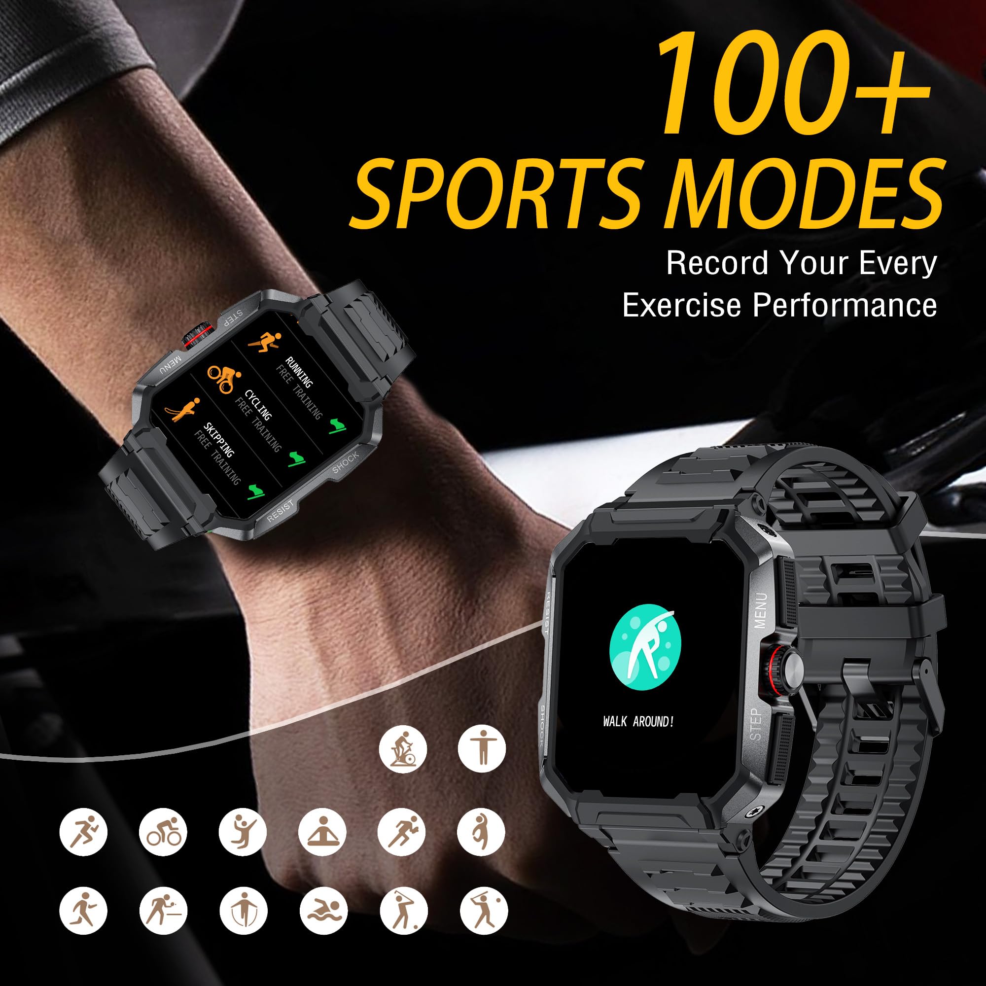 Rugged Smart Watch (Answer/Make Calls)Waterproof Smartwatches For Men Outdoor 1.85 Sports Fitness Tracker For Men With Heart Rat